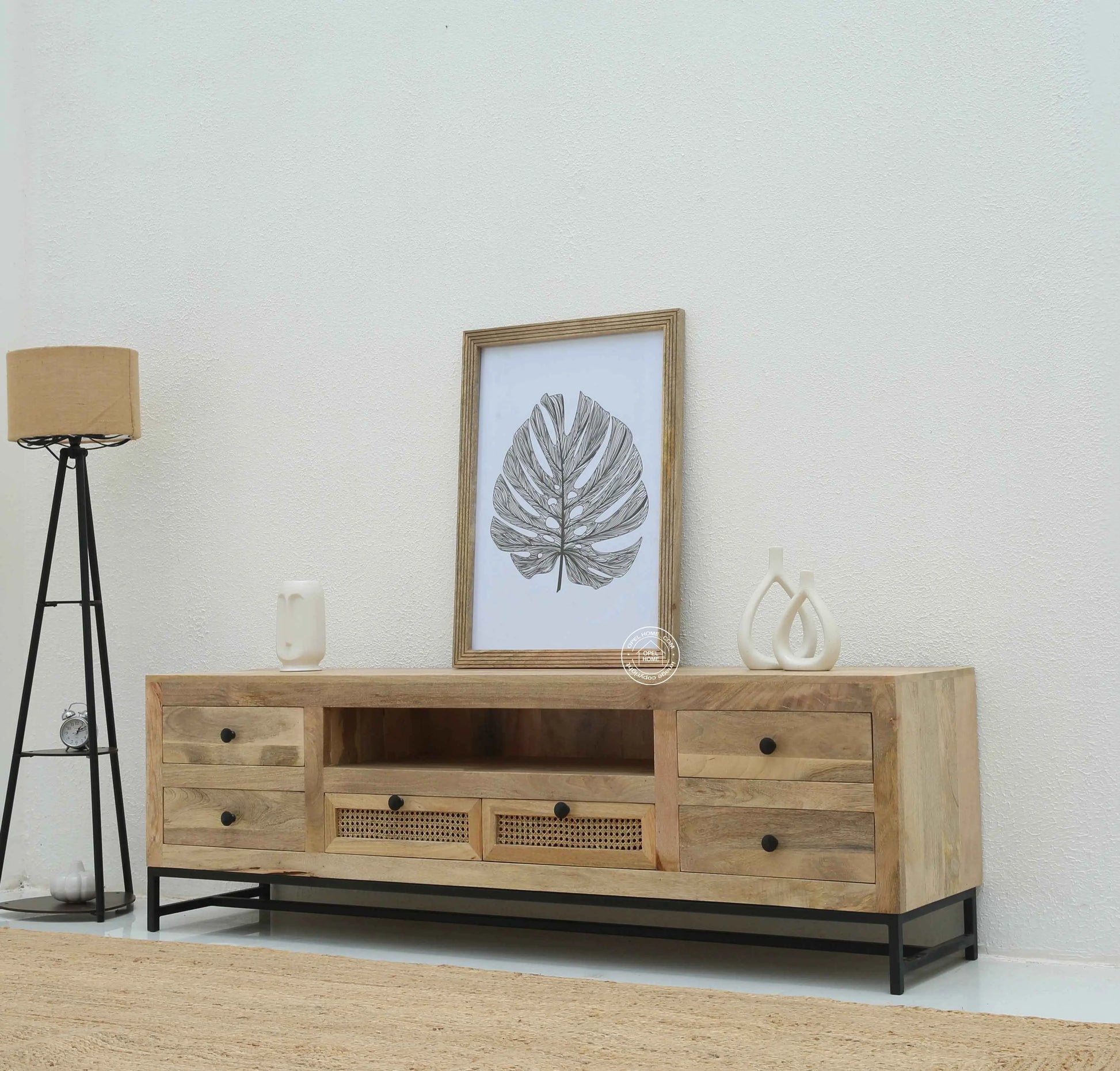 Lorven Six Drawers Rattan TV Unit – Solid Mango Wood, Natural Finish | Opelhome UAE