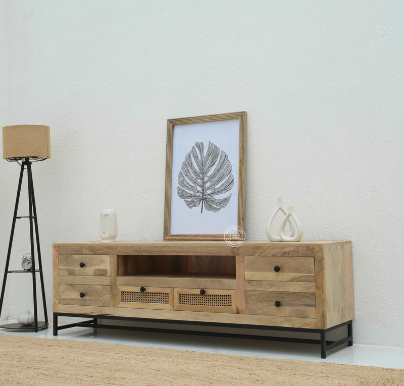 Lorven Six Drawers Rattan TV Unit – Solid Mango Wood, Natural Finish | Opelhome UAE