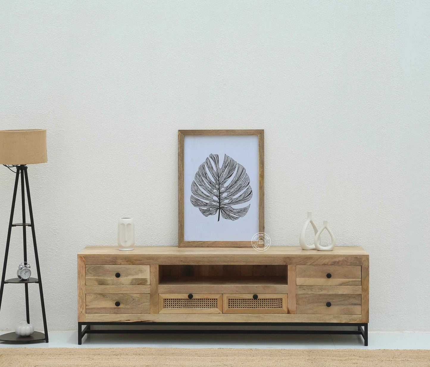 Lorven Six Drawers Rattan TV Unit – Solid Mango Wood, Natural Finish | Opelhome UAE