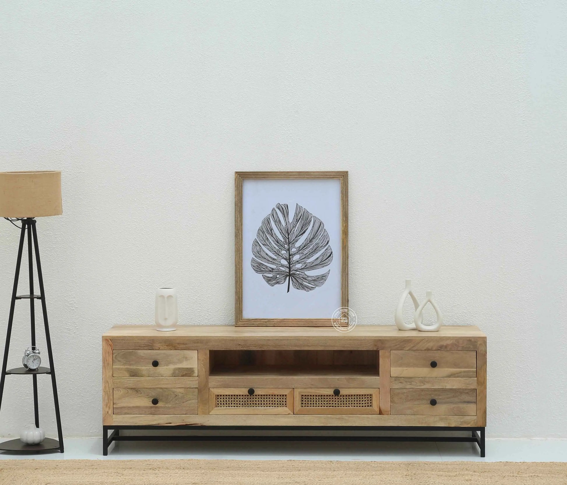 Lorven Six Drawers Rattan TV Unit – Solid Mango Wood, Natural Finish | Opelhome UAE