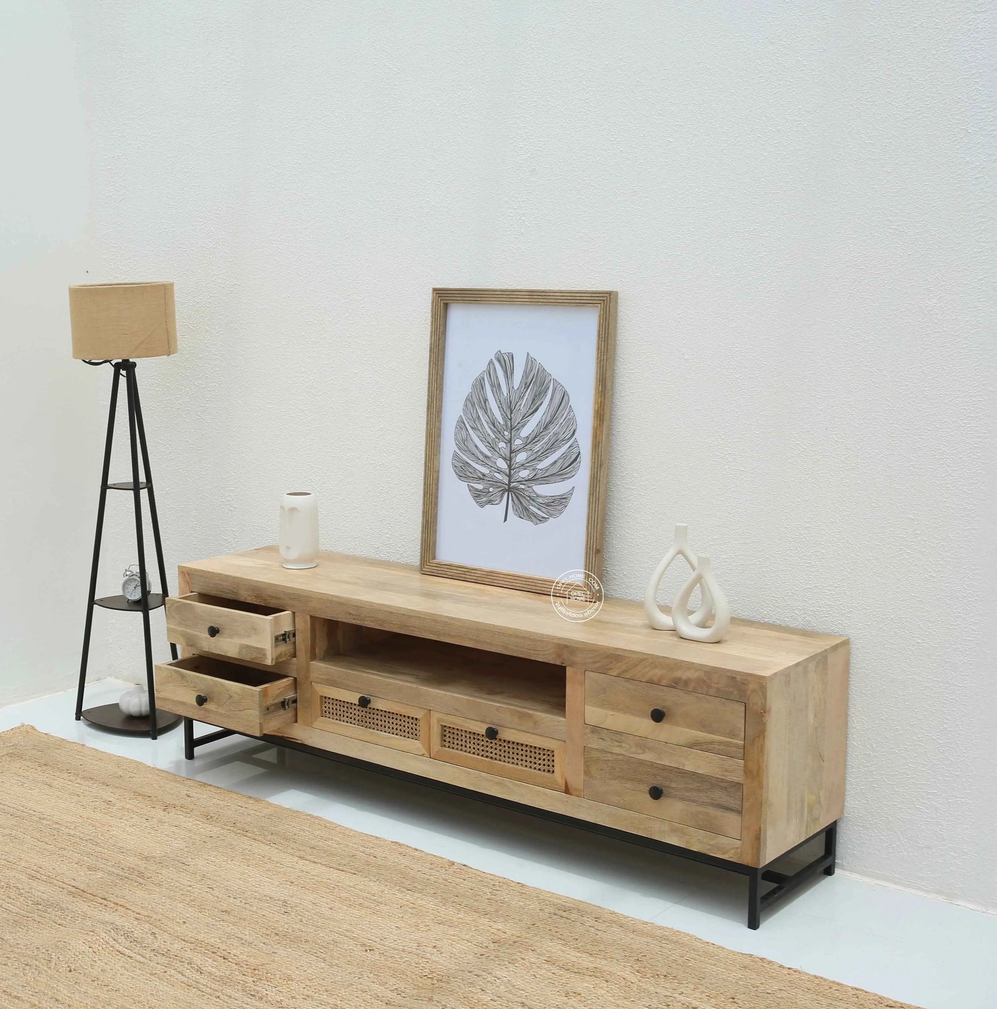 Lorven Six Drawers Rattan TV Unit – Solid Mango Wood, Natural Finish | Opelhome UAE