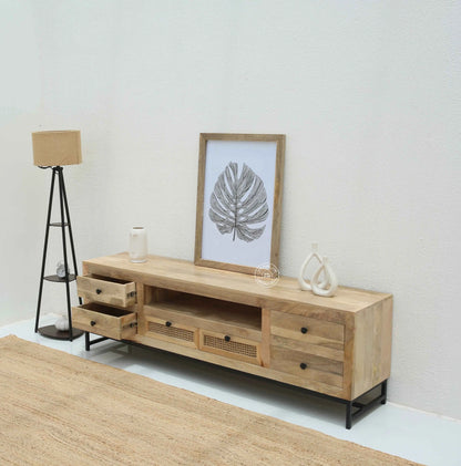 Lorven Six Drawers Rattan TV Unit – Solid Mango Wood, Natural Finish | Opelhome UAE