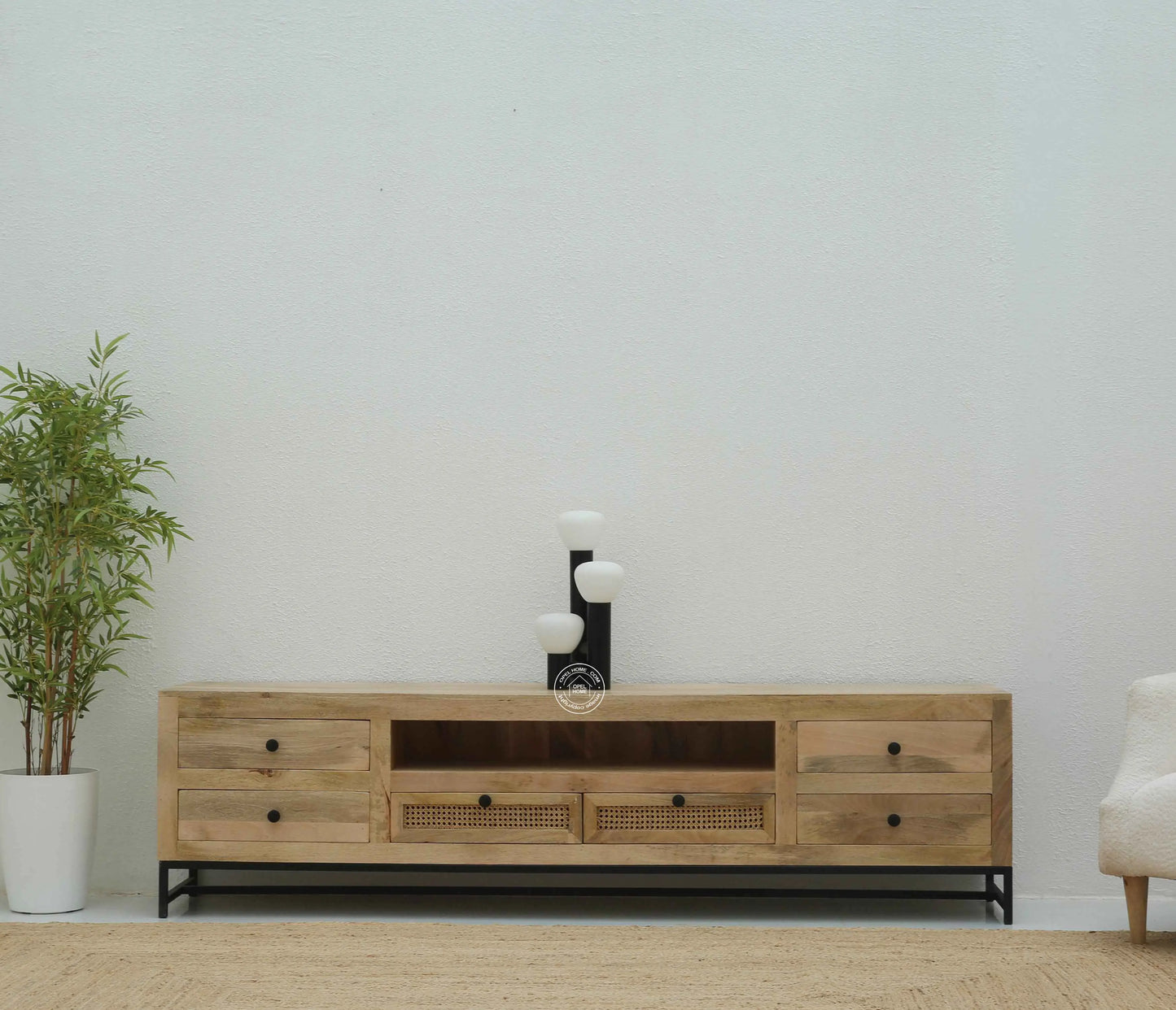 Lorven Six Drawers Rattan TV Unit – Solid Mango Wood, Natural Finish | Opelhome UAE