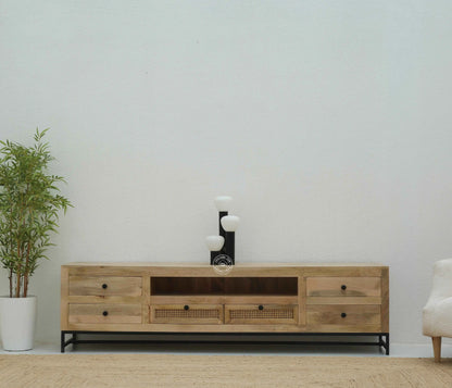 Lorven Six Drawers Rattan TV Unit – Solid Mango Wood, Natural Finish | Opelhome UAE