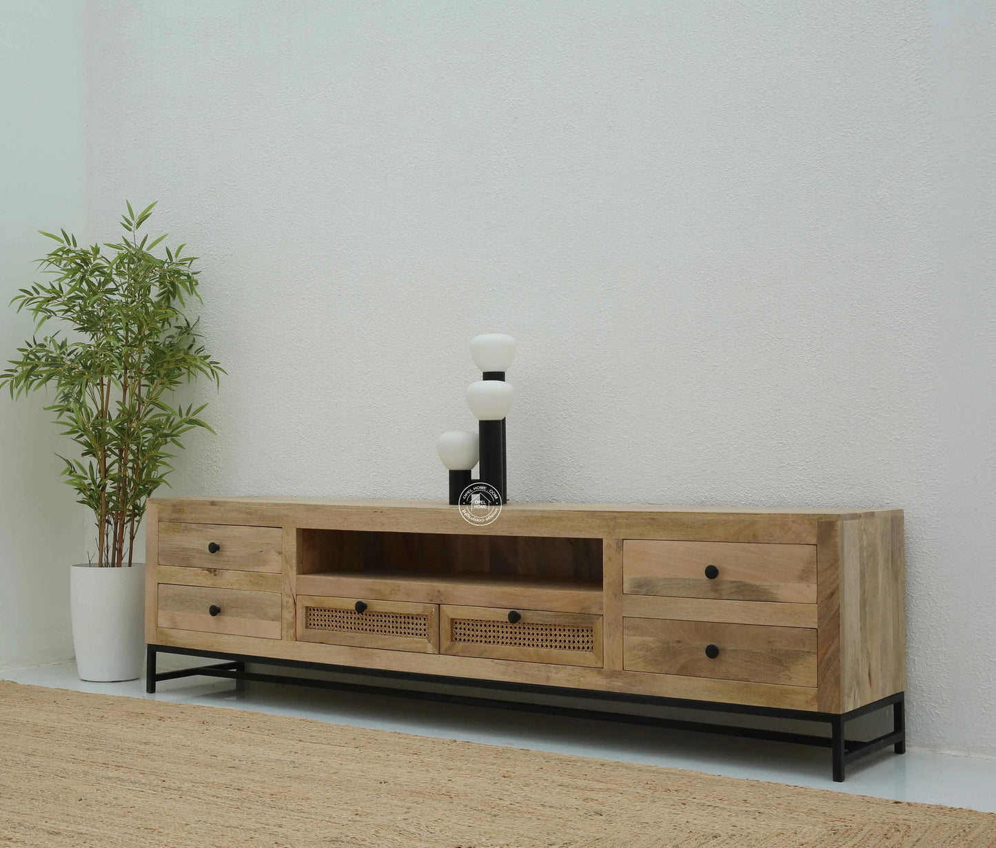 Lorven Six Drawers Rattan TV Unit – Solid Mango Wood, Natural Finish | Opelhome UAE
