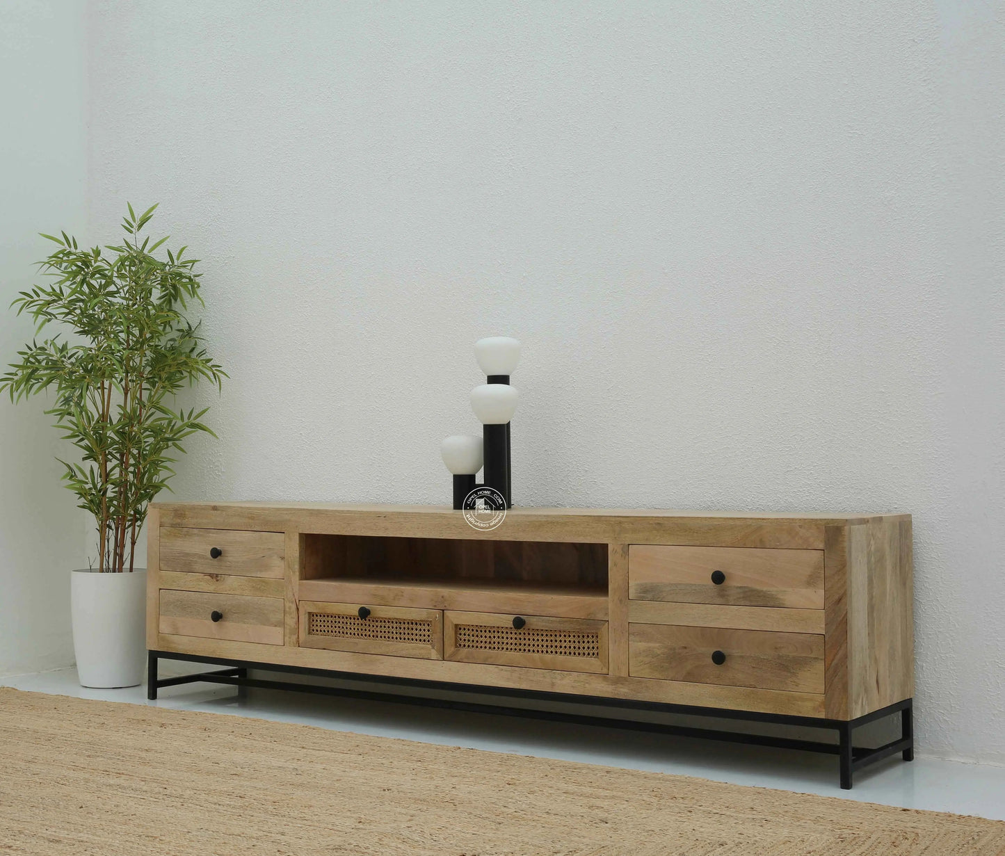 Lorven Six Drawers Rattan TV Unit – Solid Mango Wood, Natural Finish | Opelhome UAE
