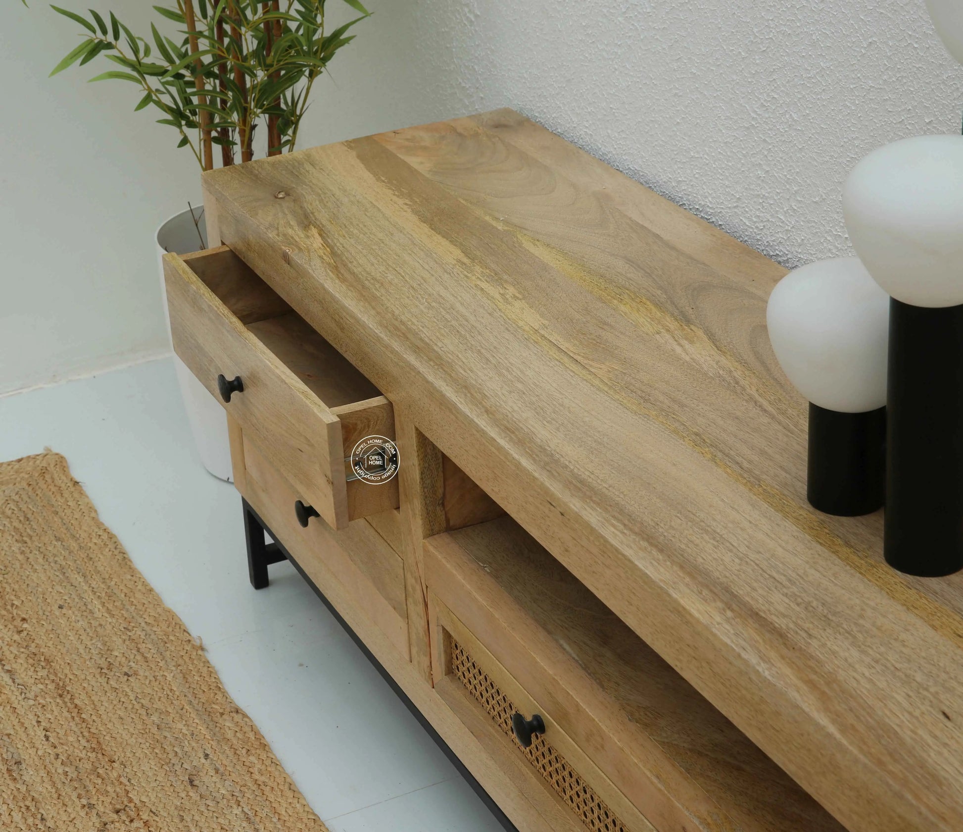 Lorven Six Drawers Rattan TV Unit – Solid Mango Wood, Natural Finish | Opelhome UAE