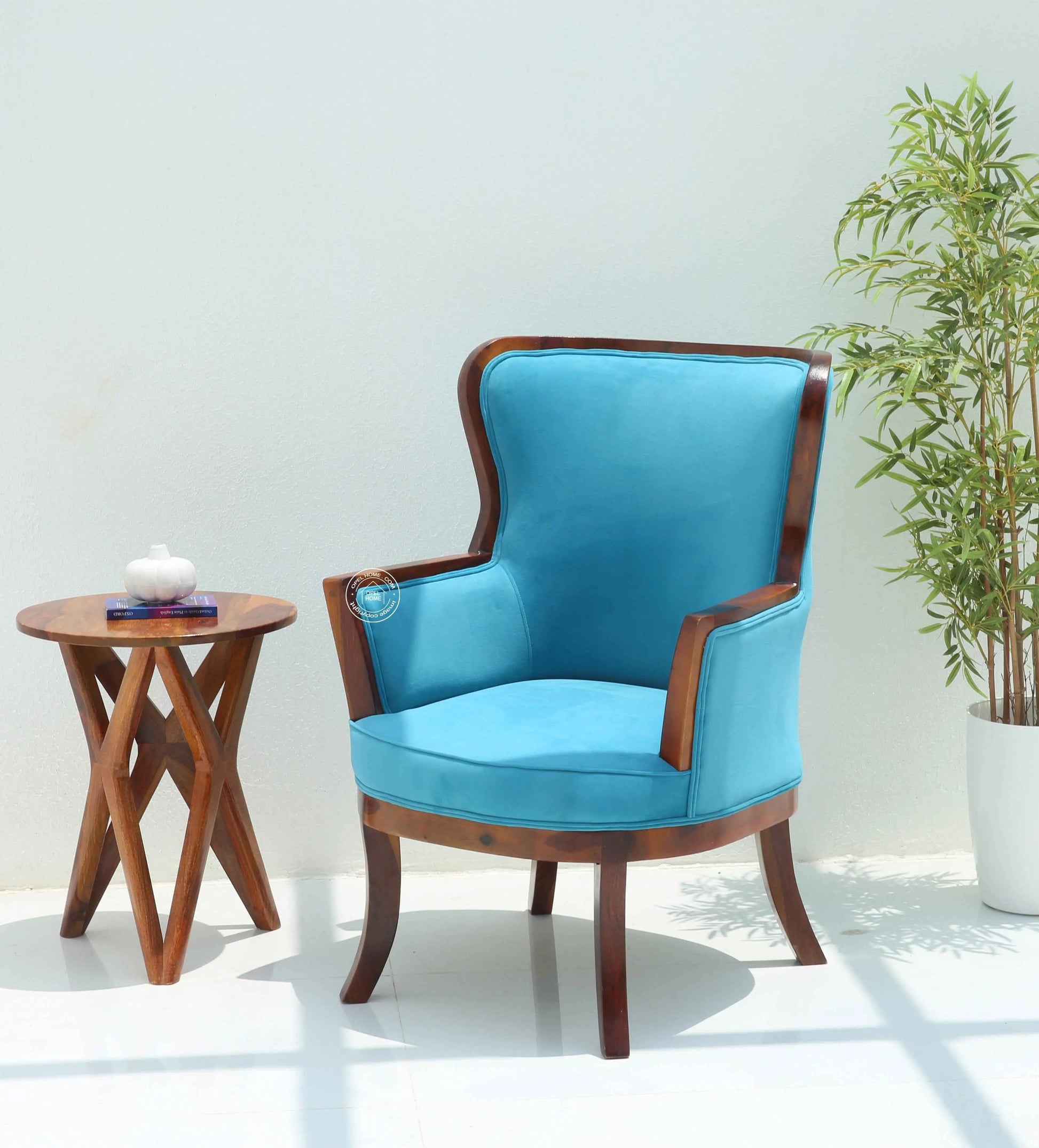 Madison Lounge Chair – Velvet Upholstery with Solid Rosewood Frame, Teak Finish | Opelhome UAE