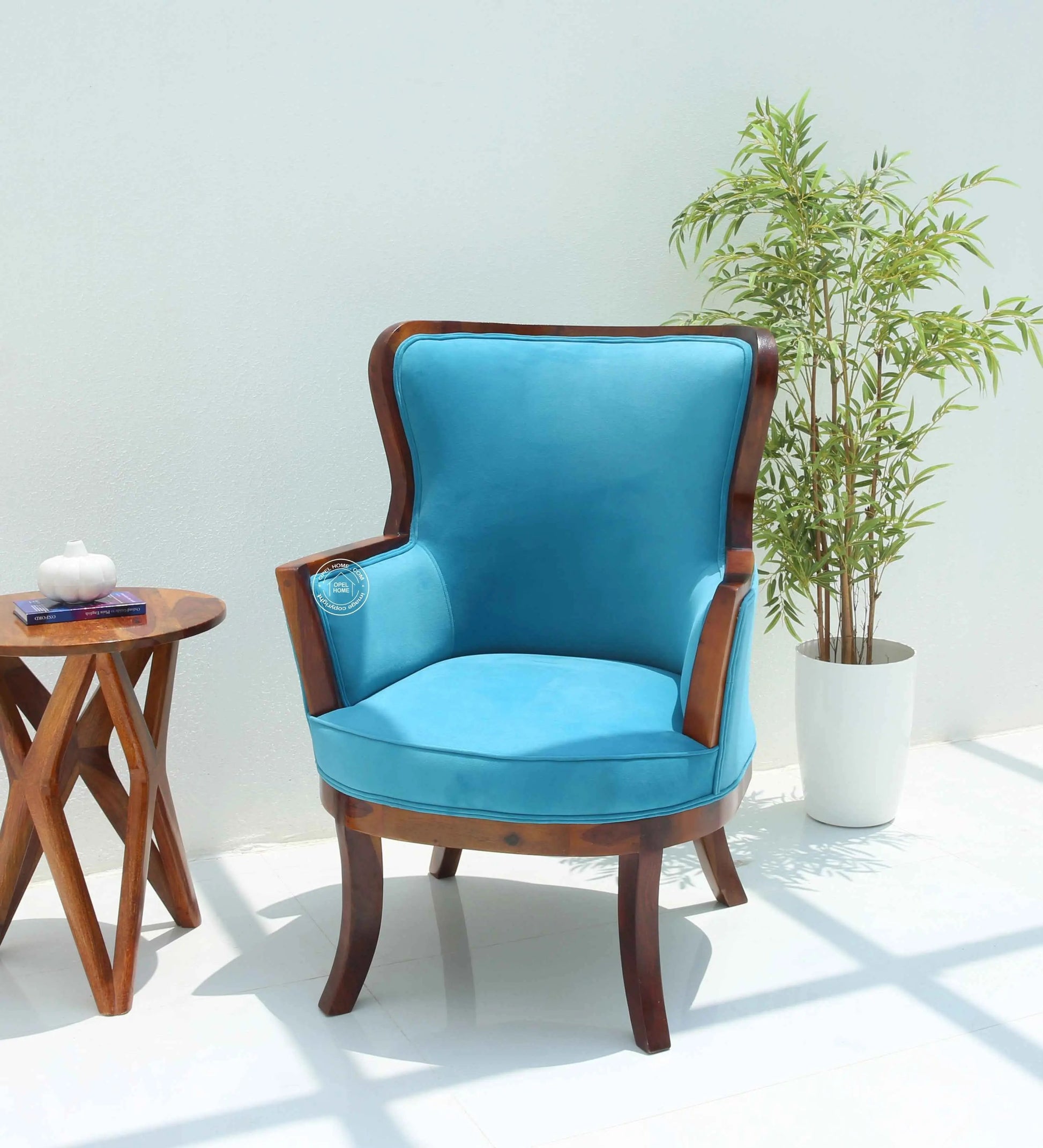 Madison Lounge Chair – Velvet Upholstery with Solid Rosewood Frame, Teak Finish | Opelhome UAE