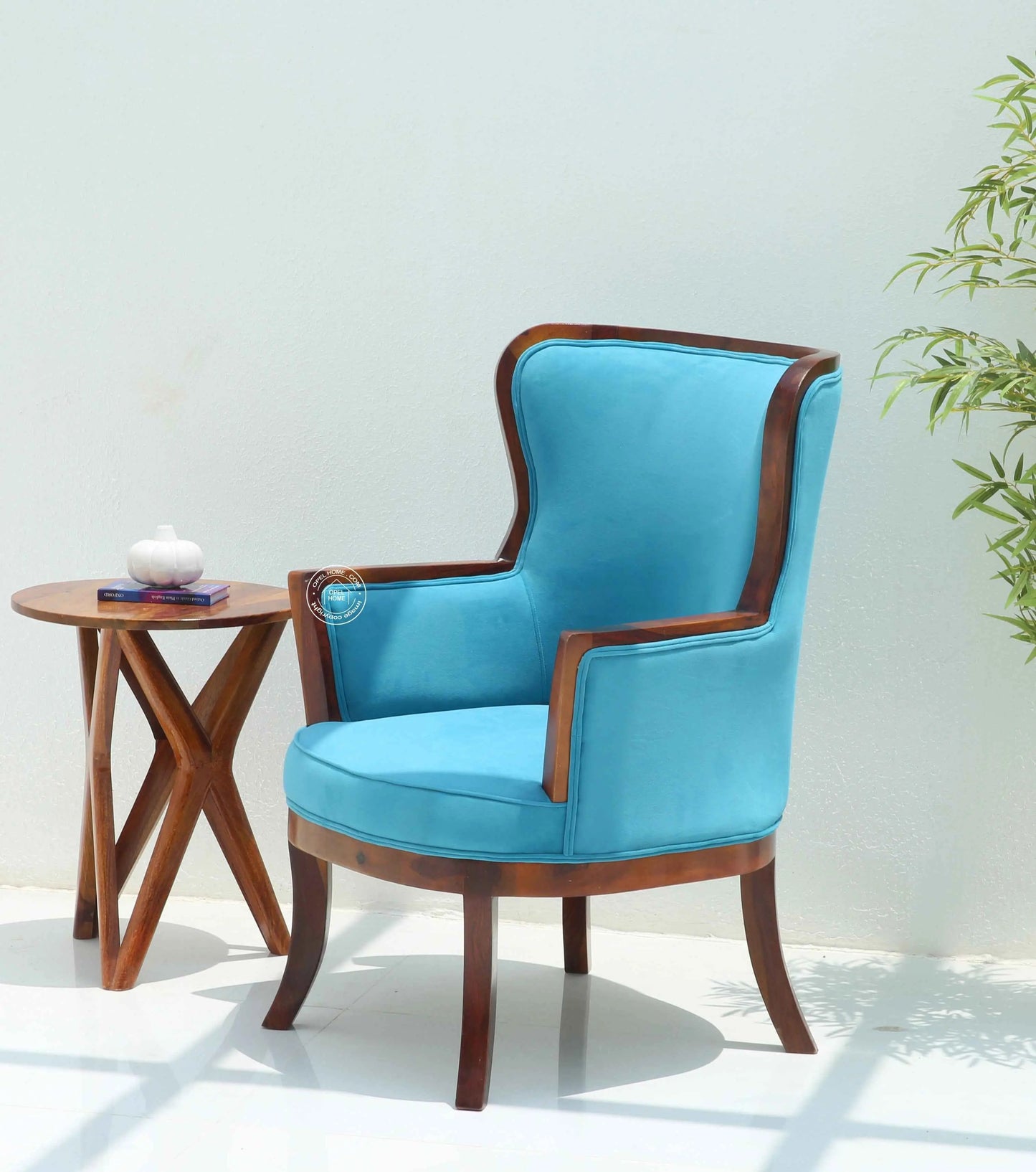 Madison Lounge Chair – Velvet Upholstery with Solid Rosewood Frame, Teak Finish | Opelhome UAE