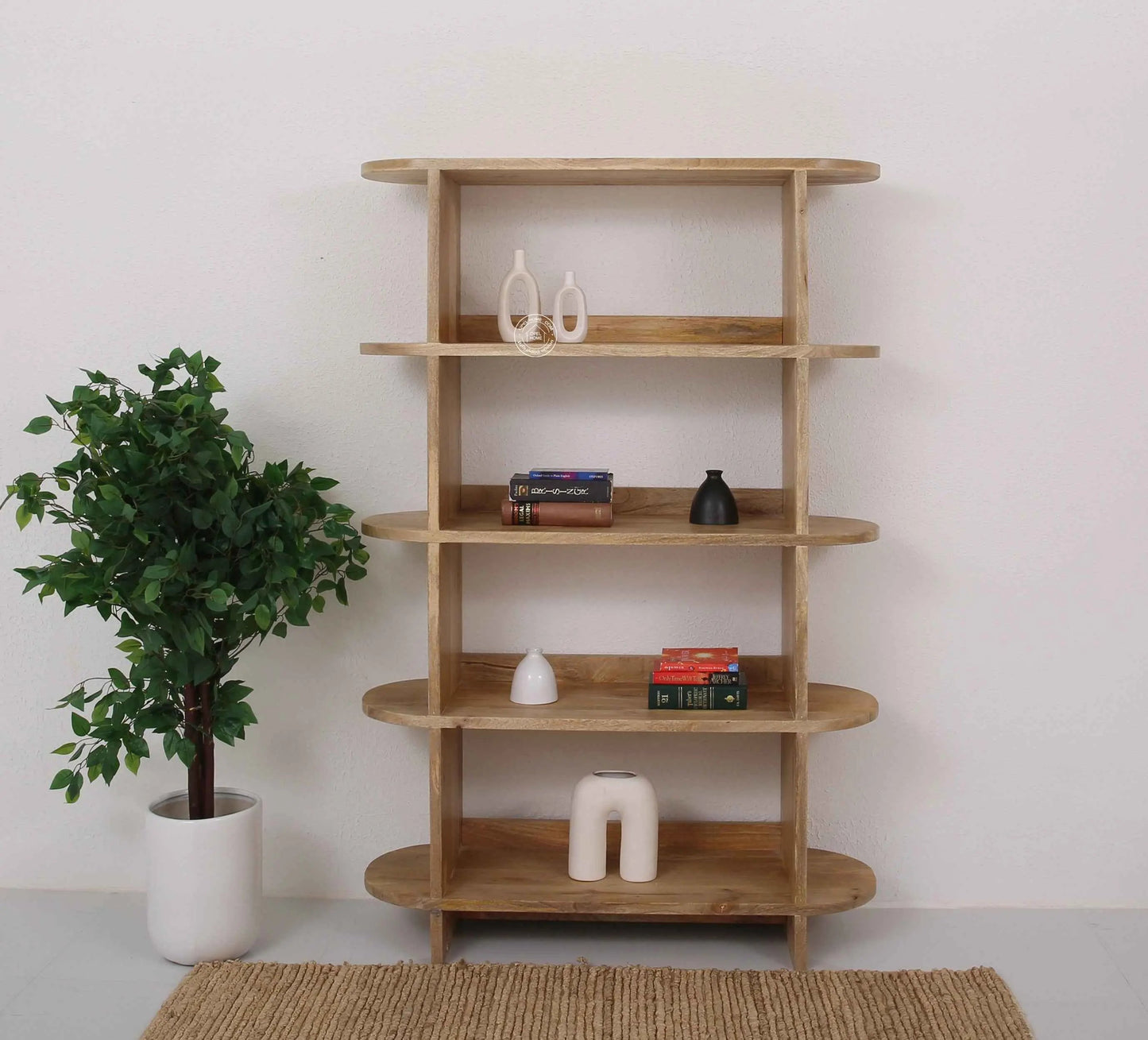 Mario Wooden Bookcase – Solid Mango Wood, Natural Finish, Tall Shelving | Opelhome UAE