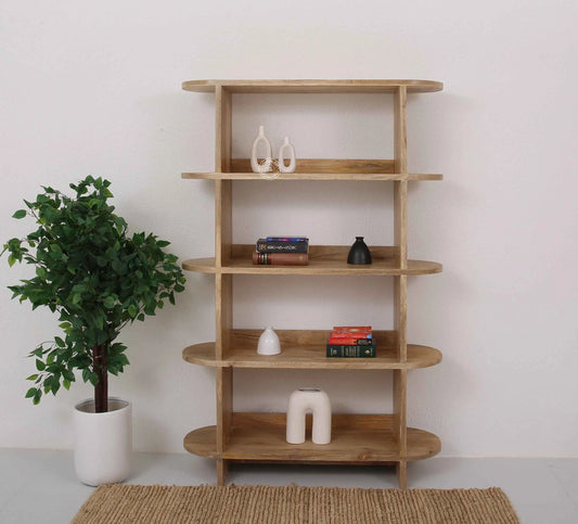 Mario Wooden Bookcase – Solid Mango Wood, Natural Finish, Tall Shelving | Opelhome UAE