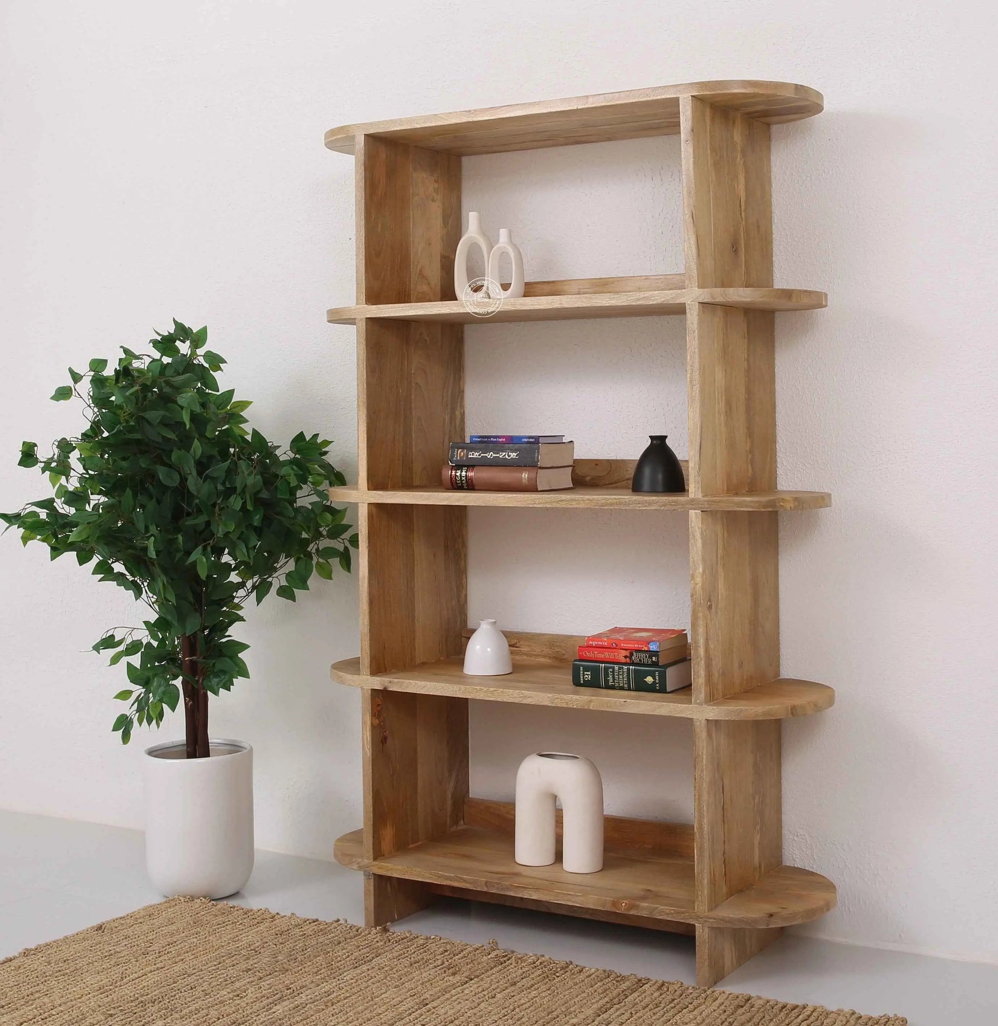 Mario Wooden Bookcase – Solid Mango Wood, Natural Finish, Tall Shelving | Opelhome UAE