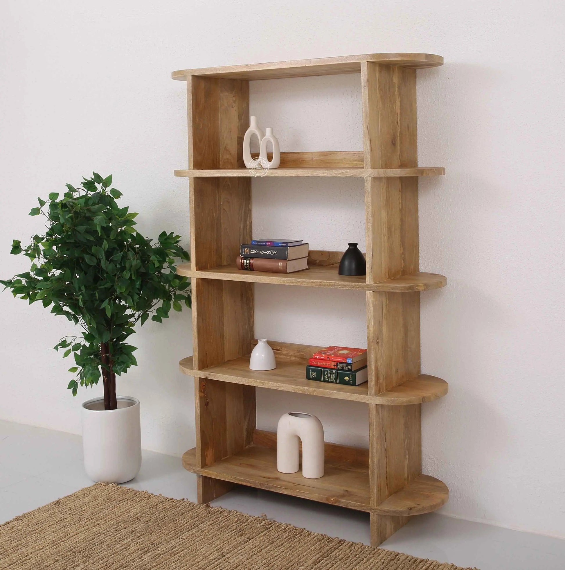 Mario Wooden Bookcase – Solid Mango Wood, Natural Finish, Tall Shelving | Opelhome UAE