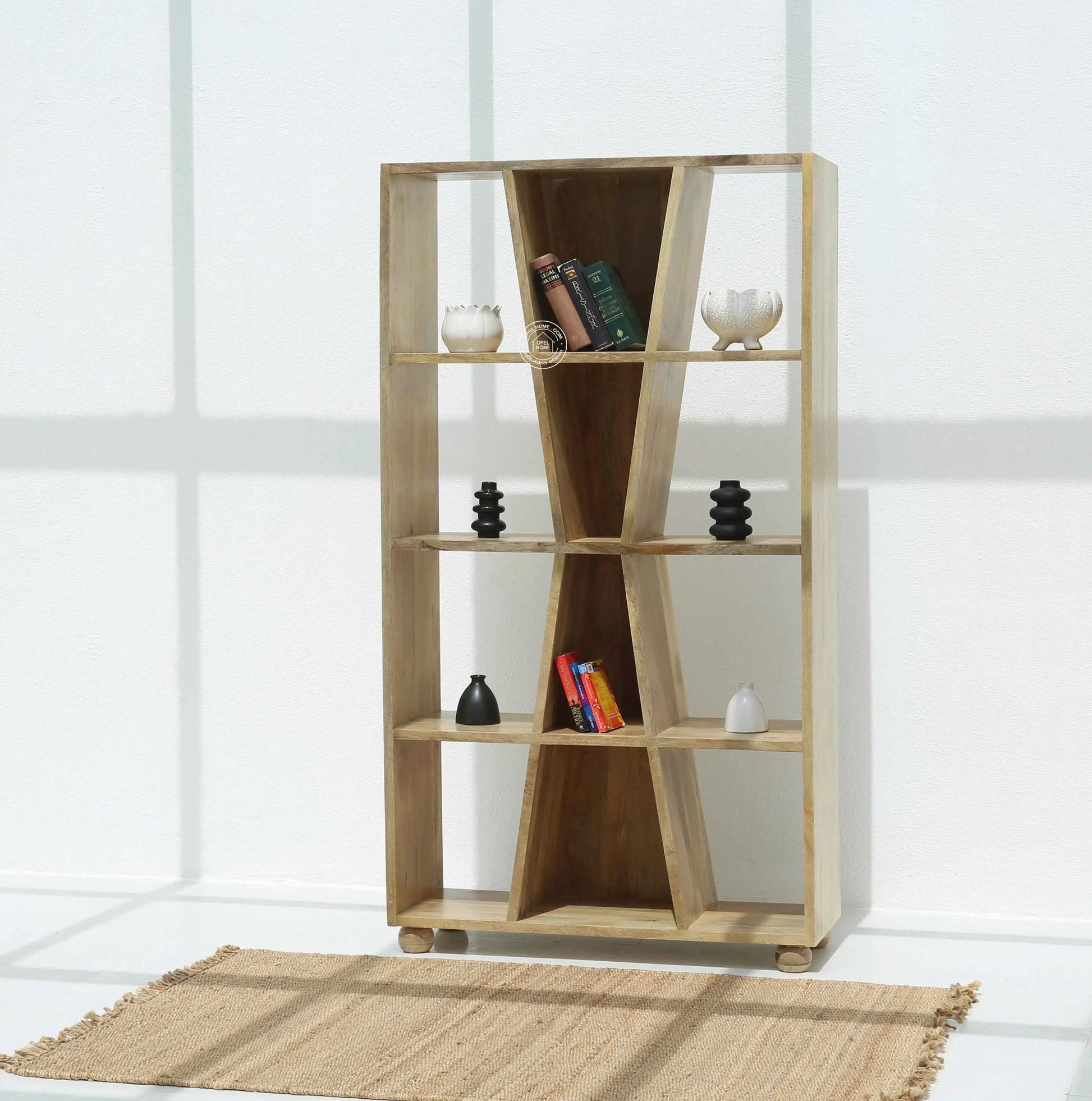 Markson Wooden Display Shelves Unit – Solid Mango Wood, Natural Finish, Tall | Opelhome UAE