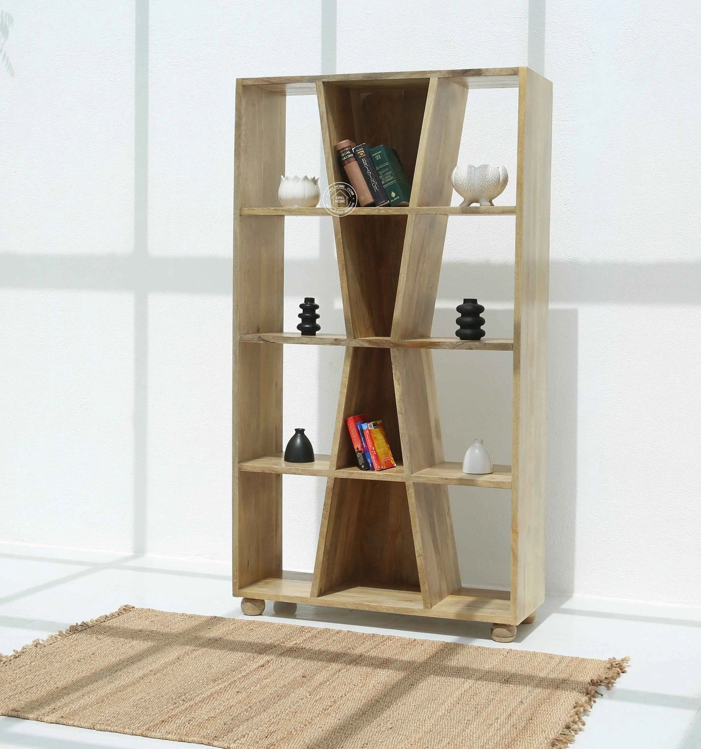 Markson Wooden Display Shelves Unit – Solid Mango Wood, Natural Finish, Tall | Opelhome UAE
