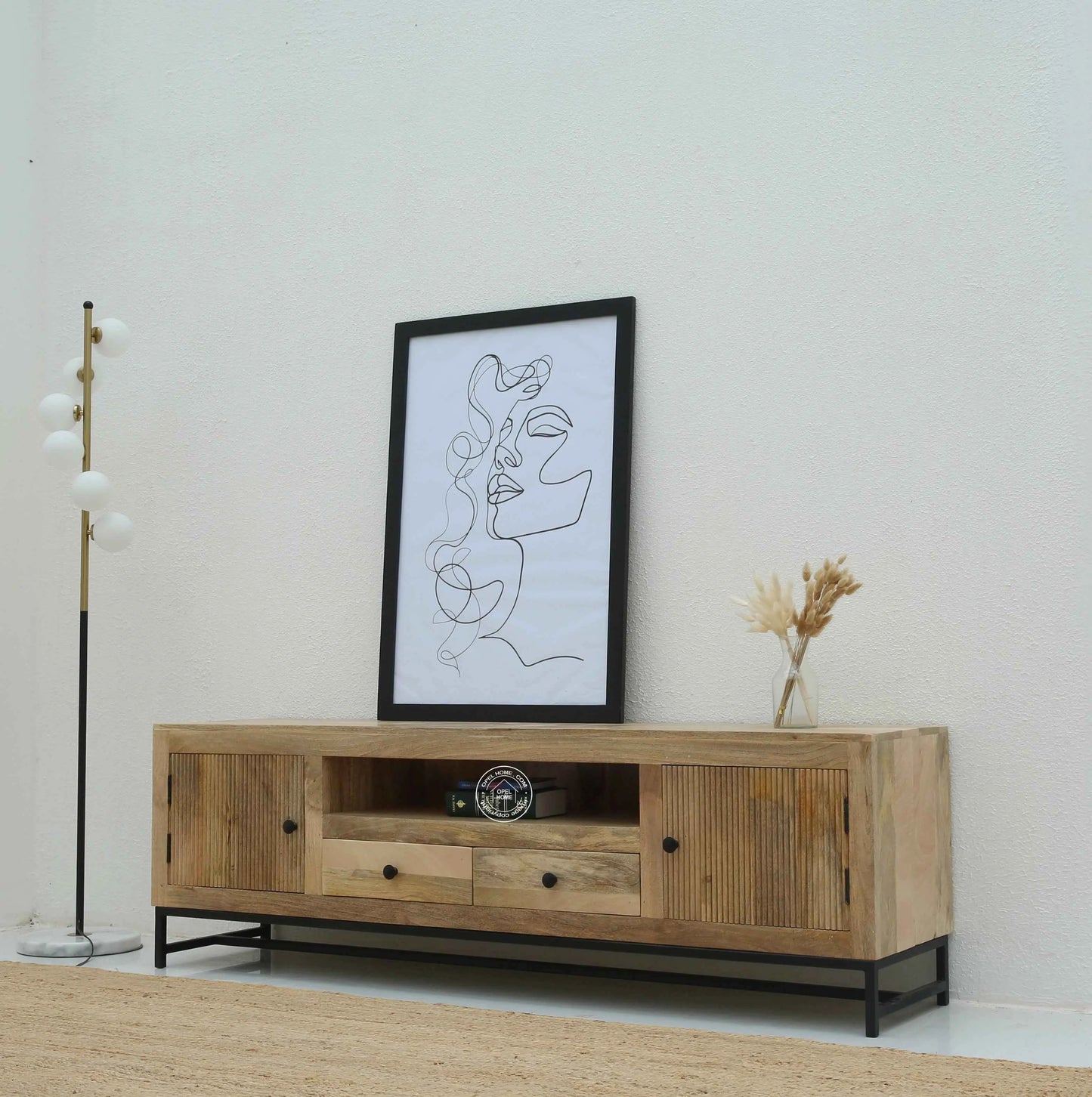 Mavrick Wooden Slat Door TV Unit – Solid Mango Wood, Natural Finish | Opelhome UAE