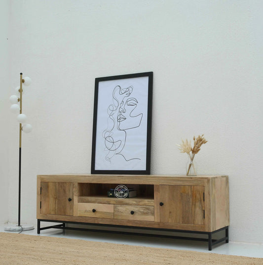 Mavrick Wooden Slat Door TV Unit – Solid Mango Wood, Natural Finish | Opelhome UAE