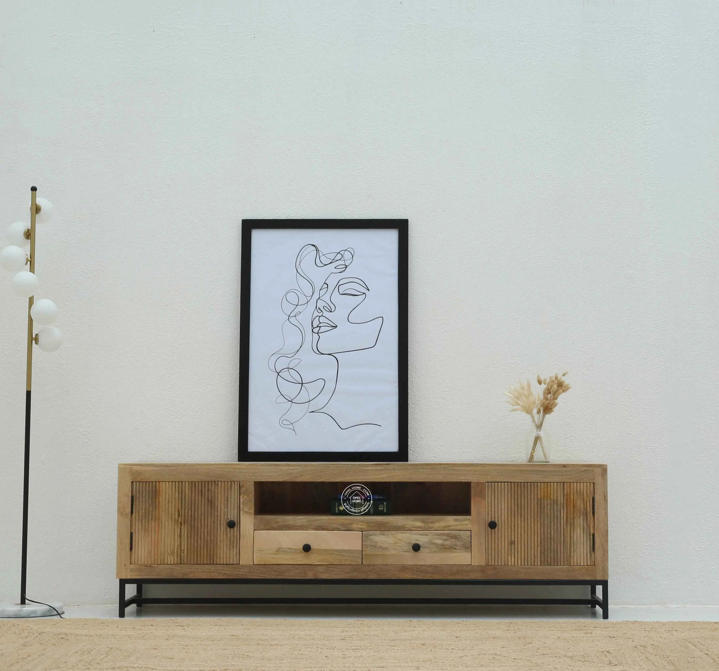 Mavrick Wooden Slat Door TV Unit – Solid Mango Wood, Natural Finish | Opelhome UAE