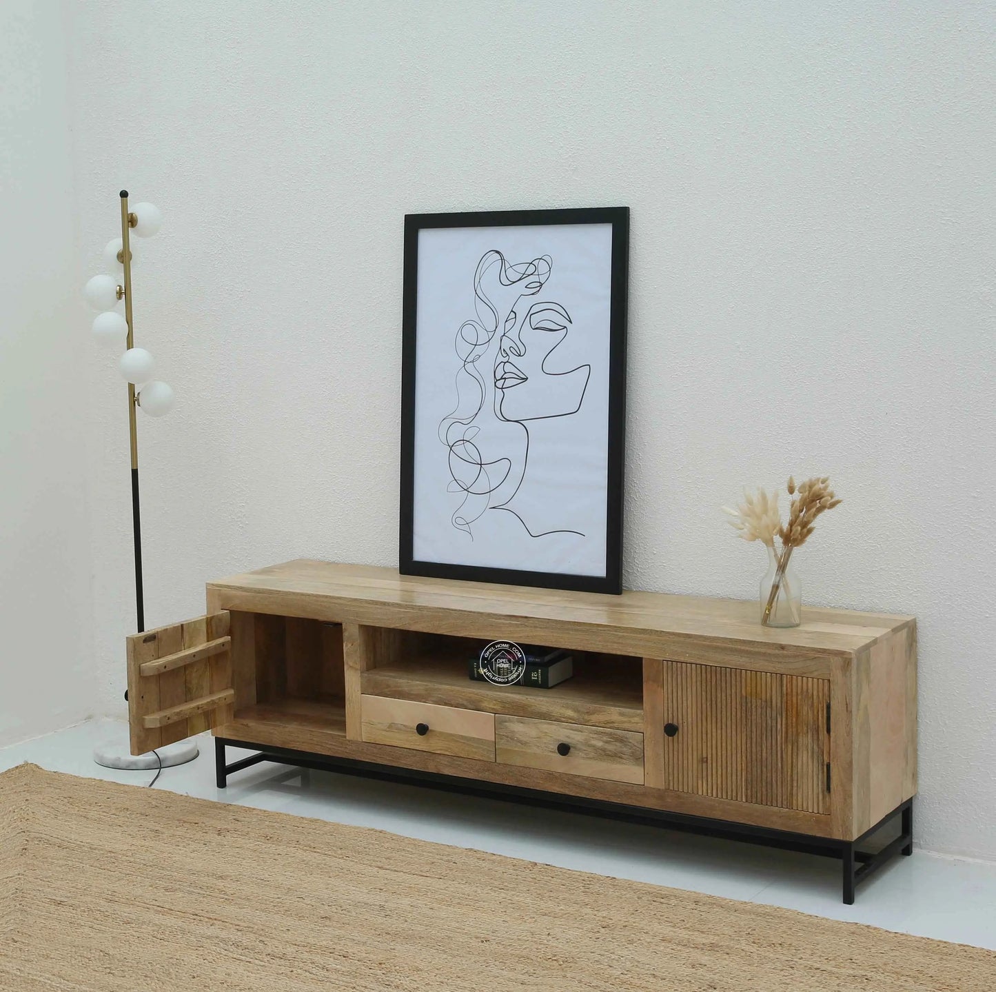 Mavrick Wooden Slat Door TV Unit – Solid Mango Wood, Natural Finish | Opelhome UAE