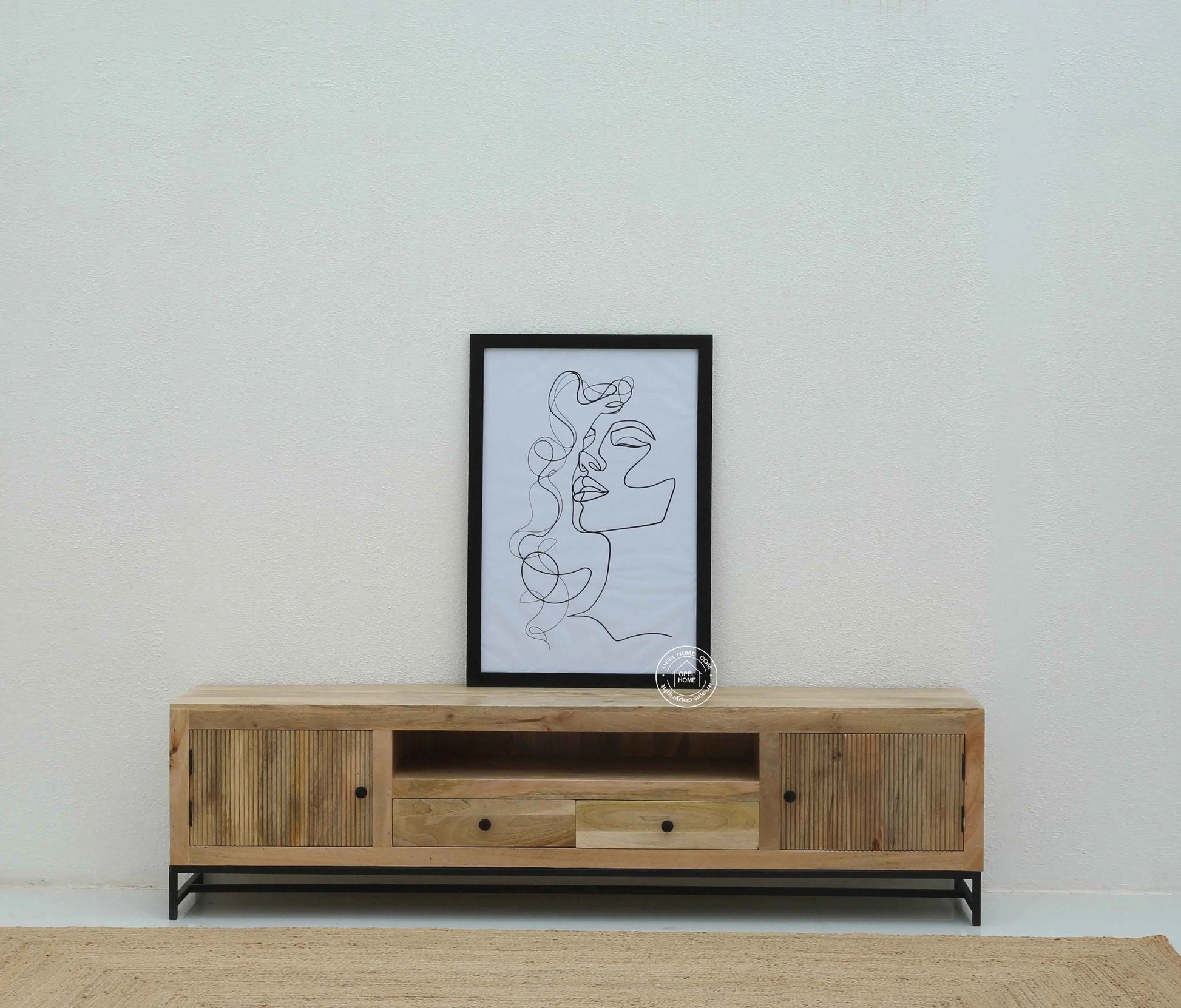 Mavrick Wooden Slat Door TV Unit – Solid Mango Wood, Natural Finish | Opelhome UAE