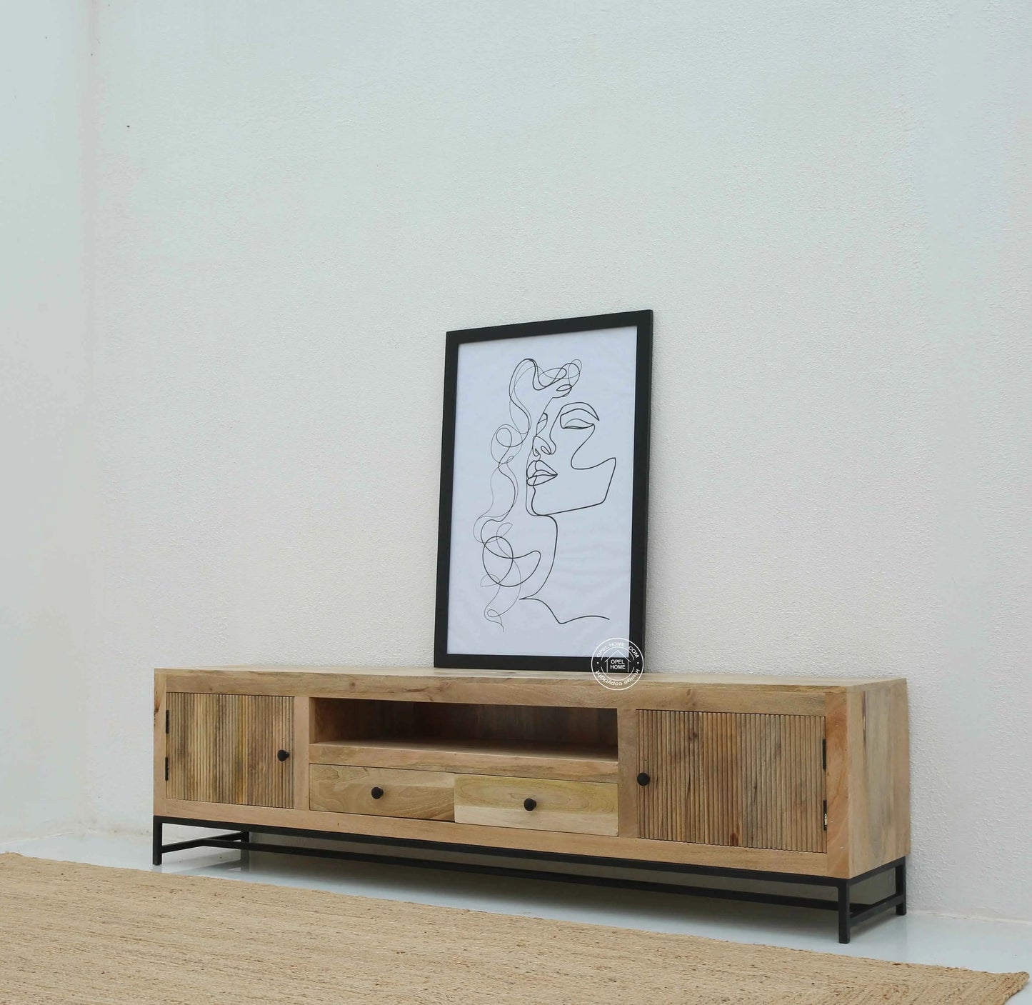 Mavrick Wooden Slat Door TV Unit – Solid Mango Wood, Natural Finish | Opelhome UAE