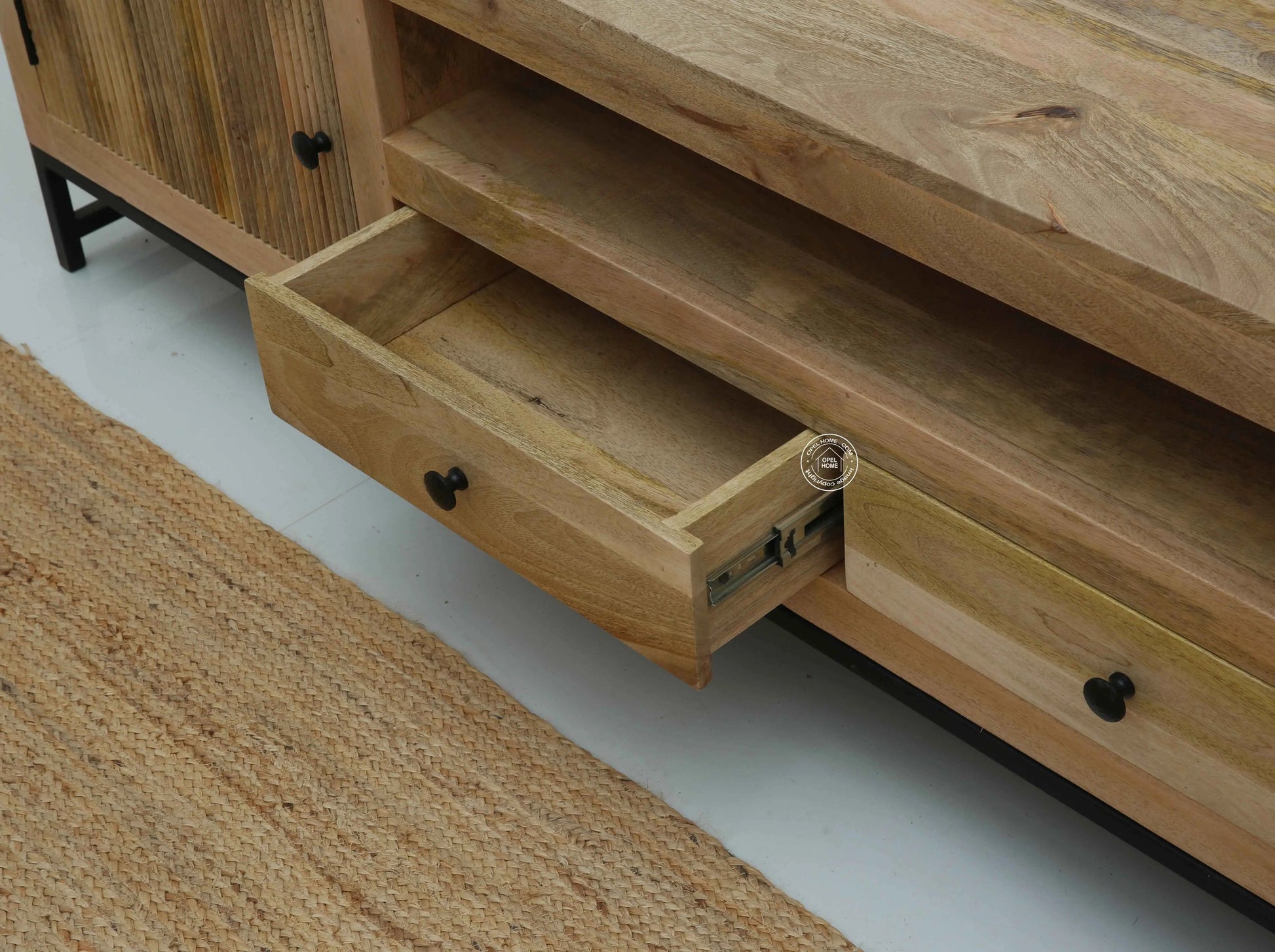 Mavrick Wooden Slat Door TV Unit – Solid Mango Wood, Natural Finish | Opelhome UAE