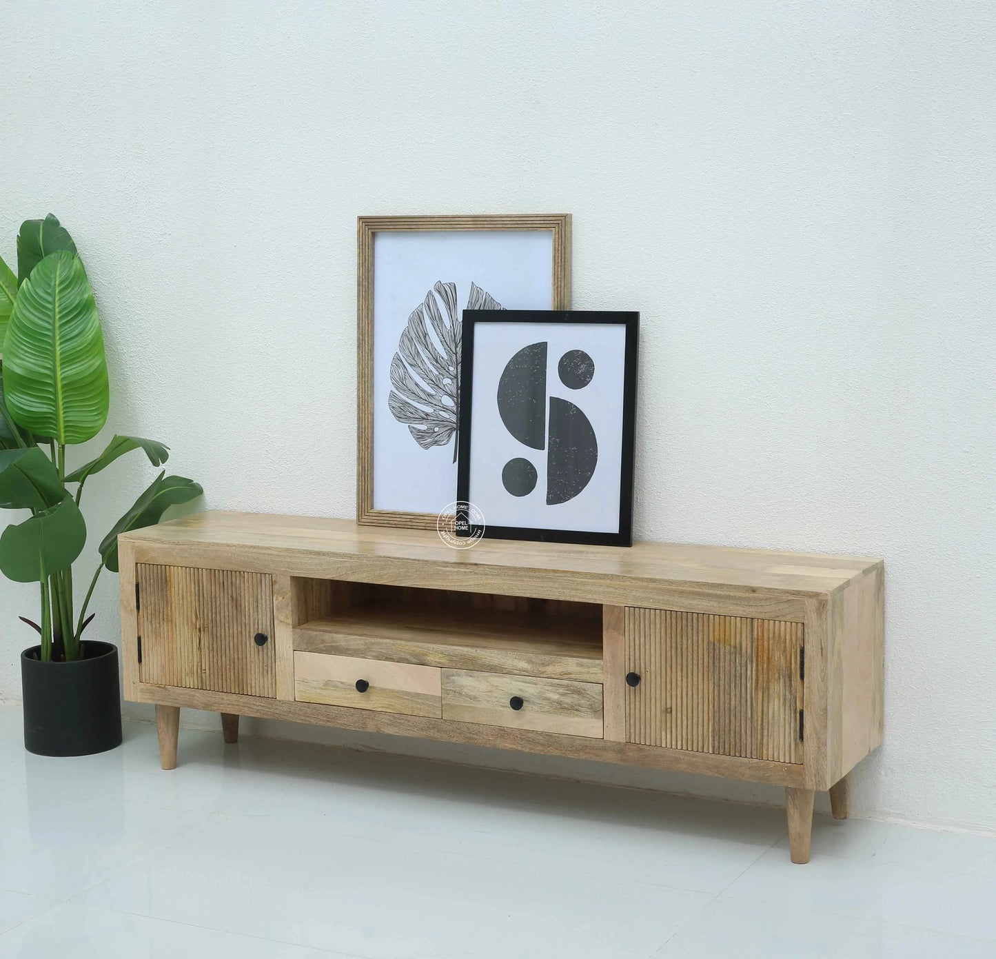 Mavrick Wooden Slat Door TV Unit – Solid Mango Wood, Natural Finish | Opelhome UAE