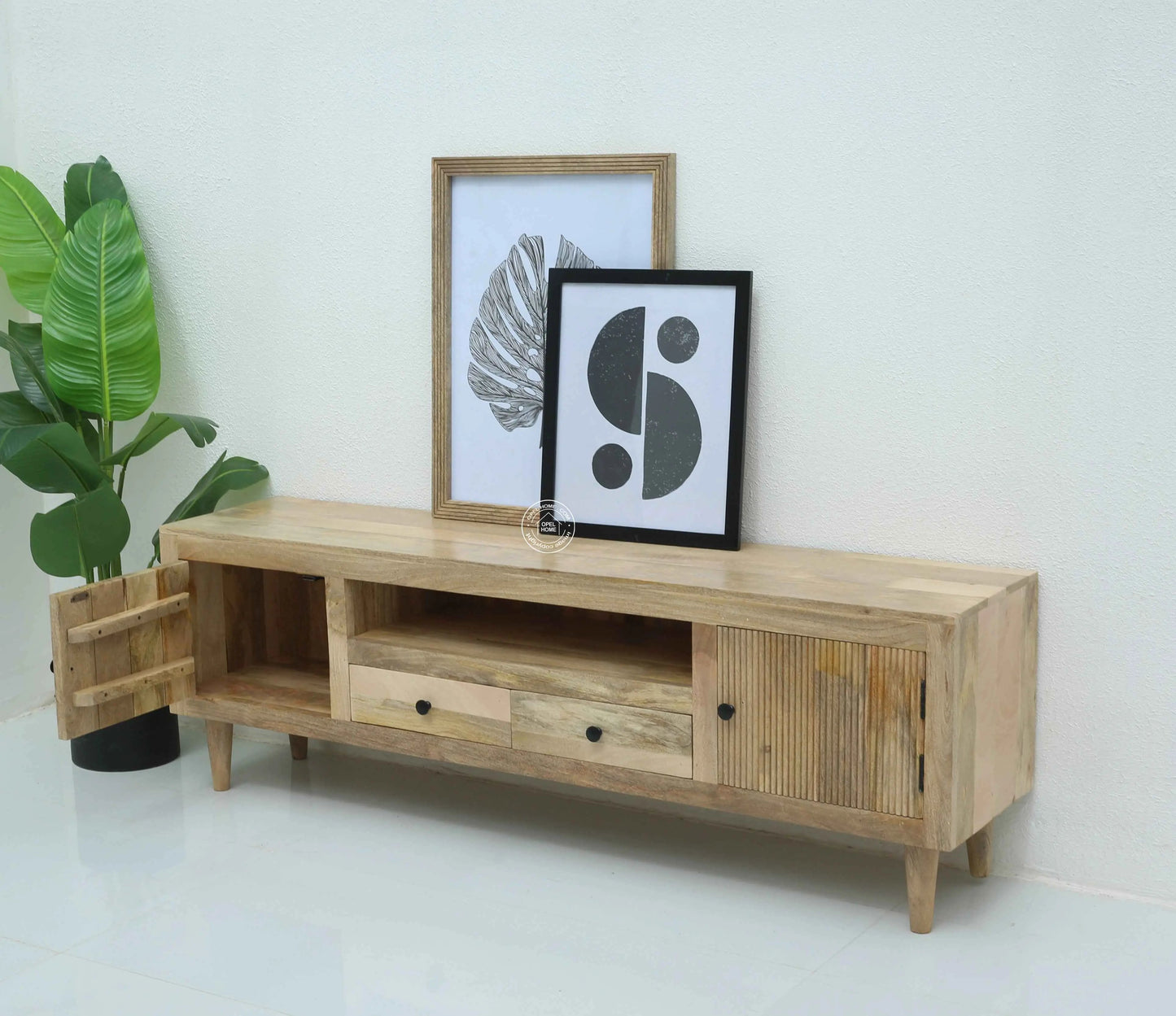 Mavrick Wooden Slat Door TV Unit – Solid Mango Wood, Natural Finish | Opelhome UAE