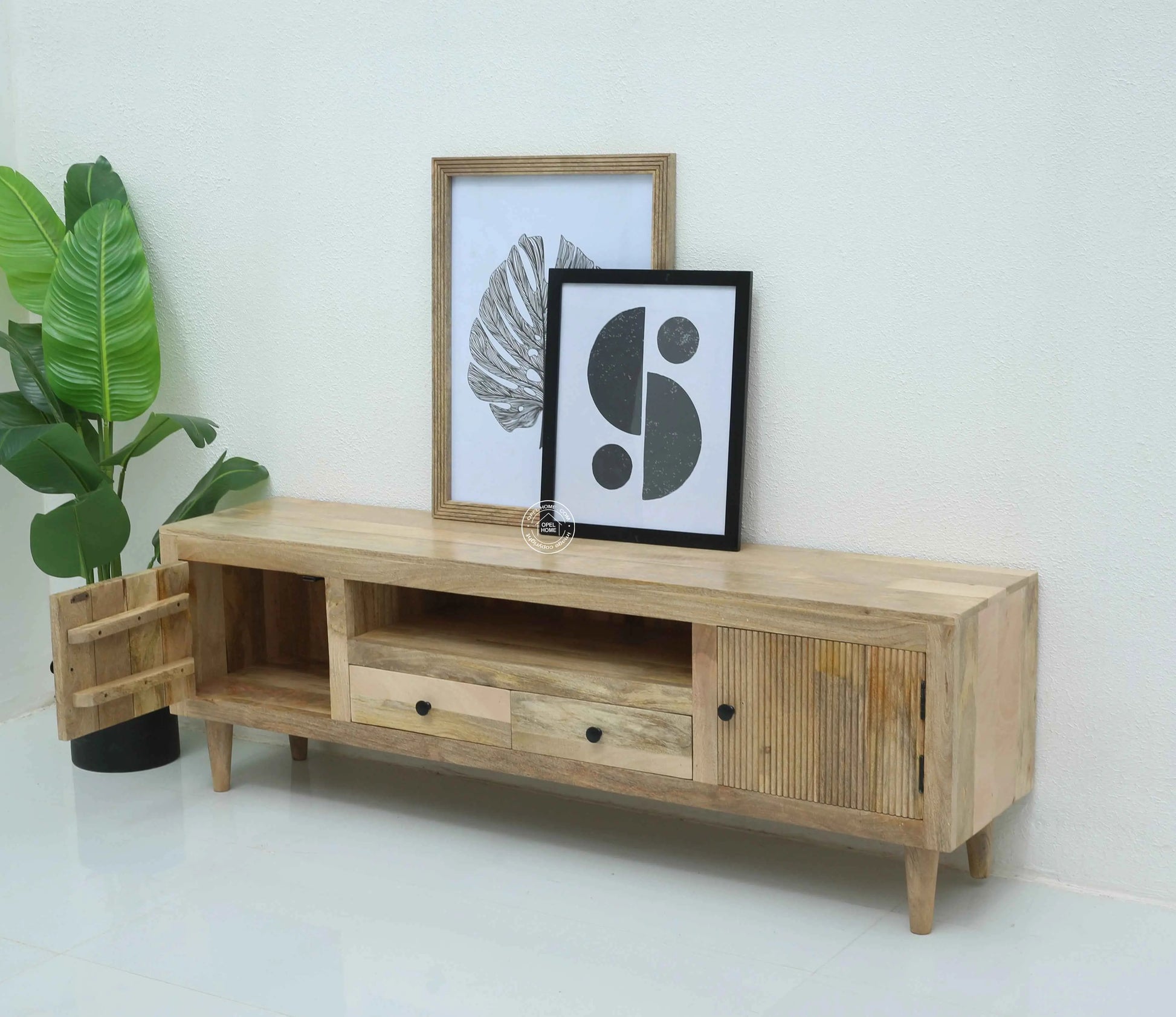 Mavrick Wooden Slat Door TV Unit – Solid Mango Wood, Natural Finish | Opelhome UAE