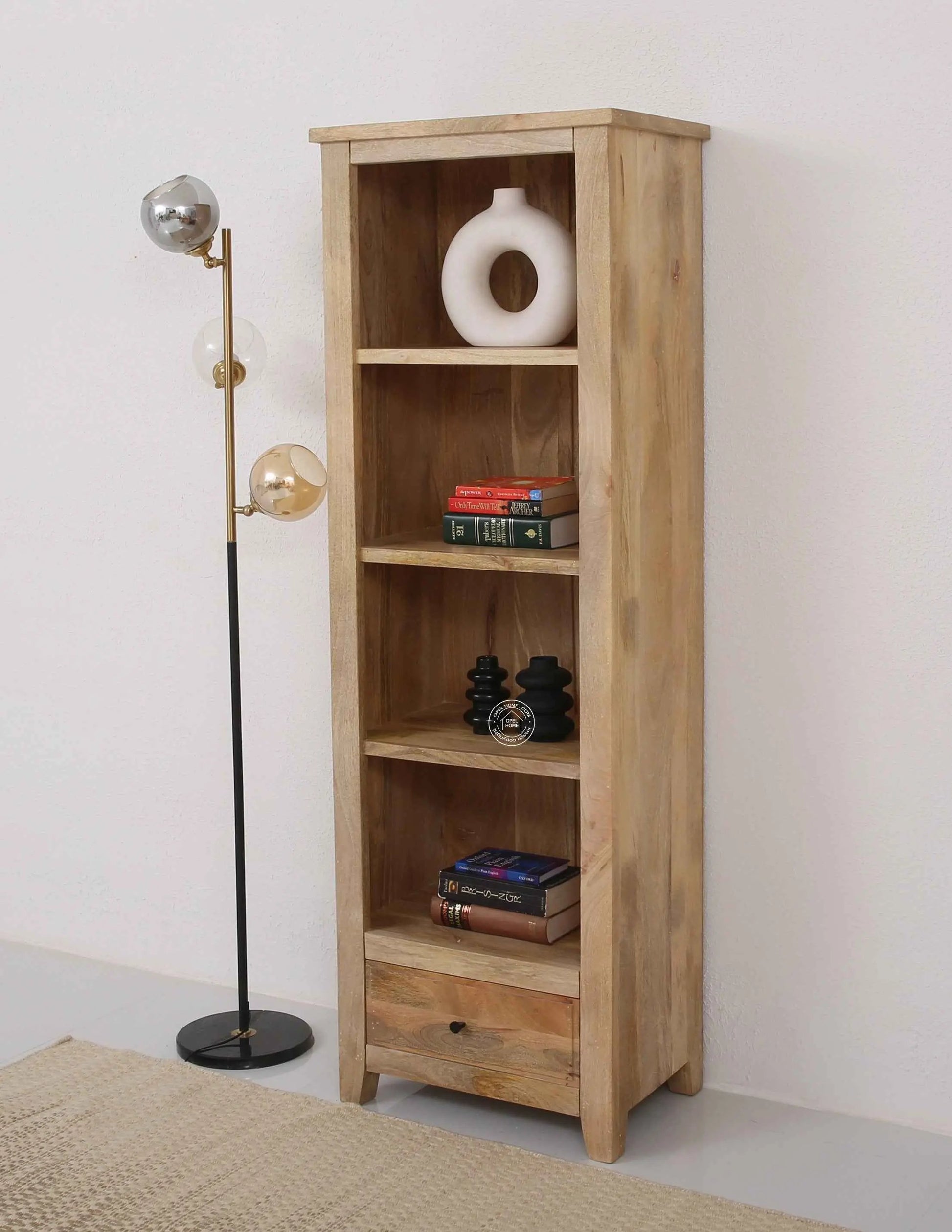 Max Wooden Bookcase – Solid Mango Wood, Natural Finish, Tall Shelving | Opelhome UAE