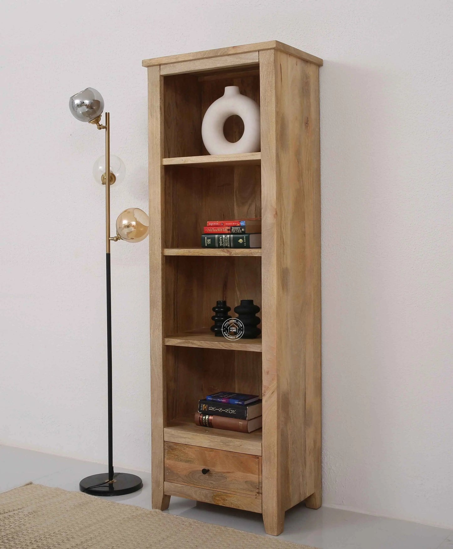 Max Wooden Bookcase – Solid Mango Wood, Natural Finish, Tall Shelving | Opelhome UAE