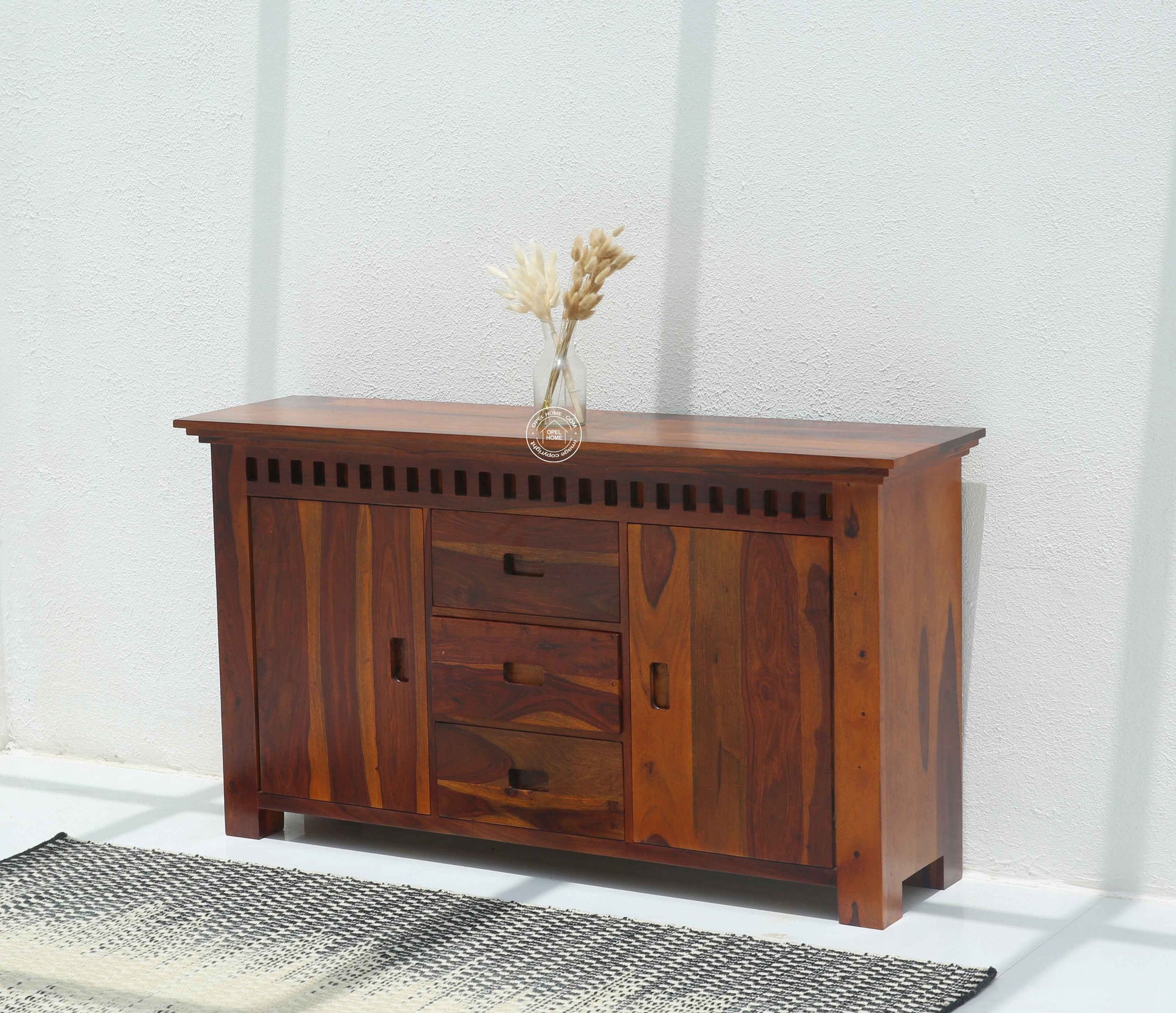 Maxxen Wooden Sideboard – 2 Doors, 4 Drawers, Solid Rosewood, Honey Finish | Opelhome UAE