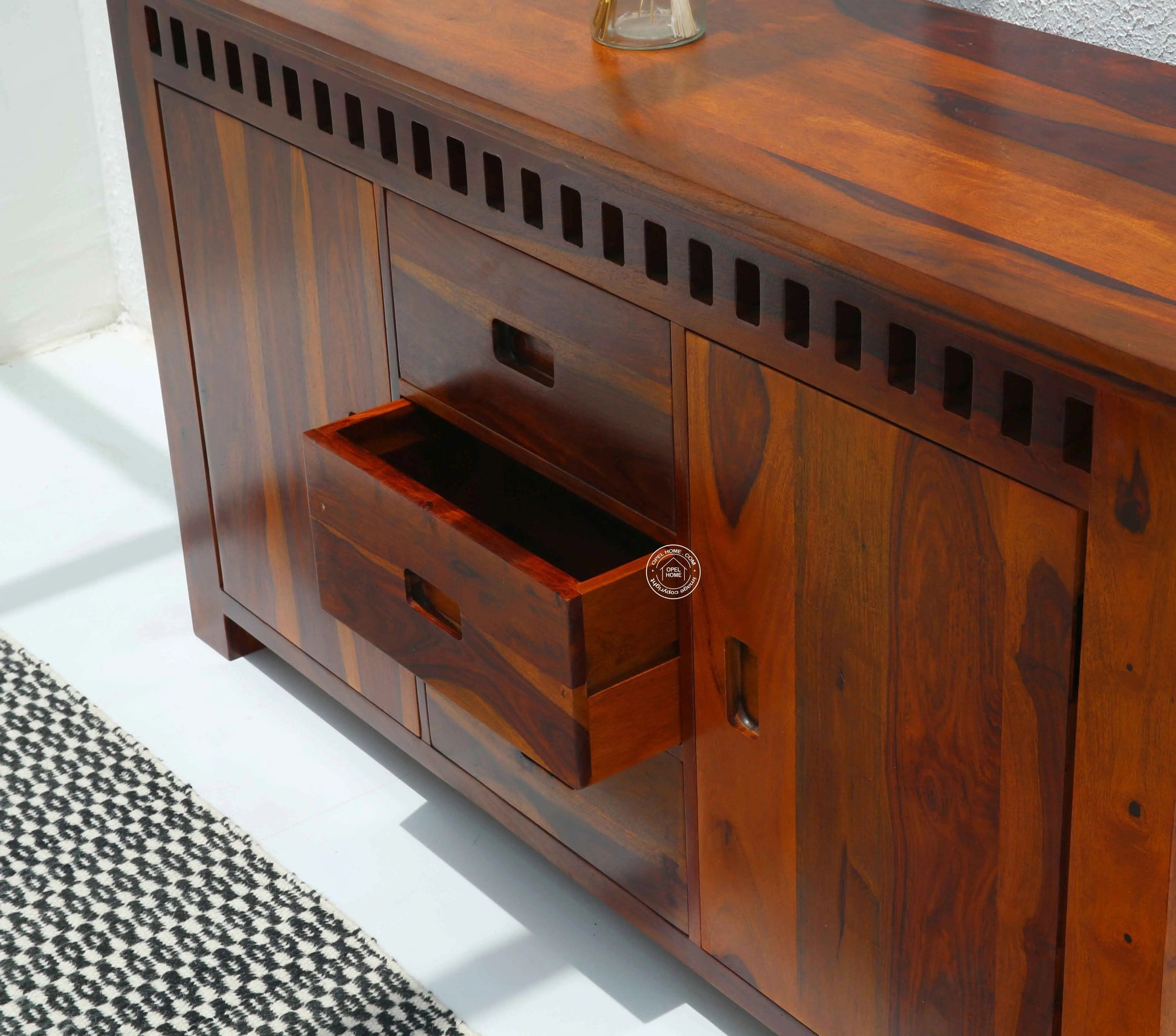 Maxxen Wooden Sideboard – 2 Doors, 4 Drawers, Solid Rosewood, Honey Finish | Opelhome UAE