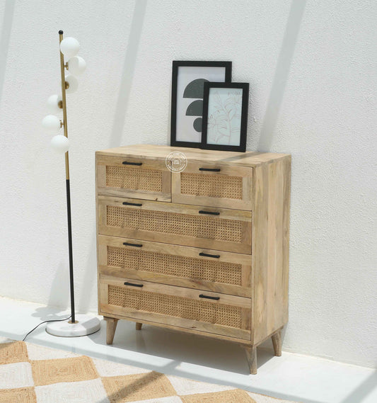 Merri Chest of Drawers – Rattan Fronts, Solid Mango Wood, Natural Finish | Opelhome UAE
