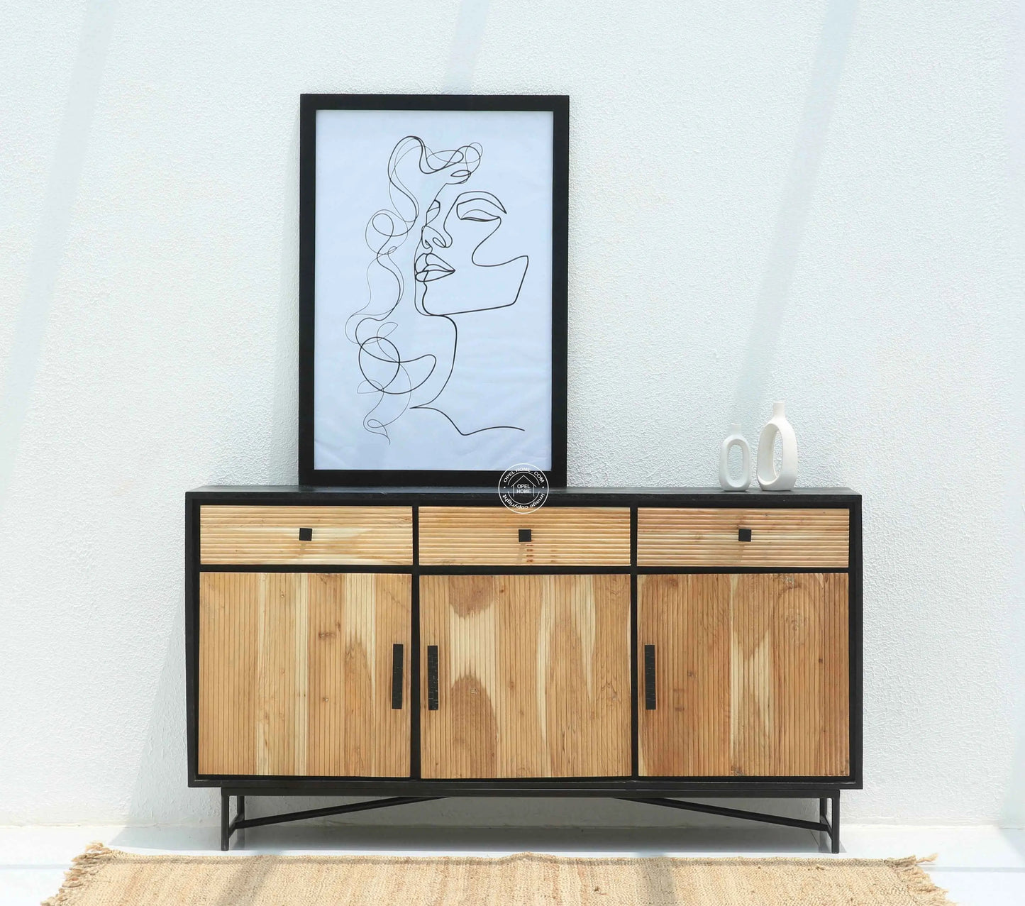 Milen Classic Sideboard – 3 Doors, Solid Acacia Wood, Black Finish | Opelhome UAE