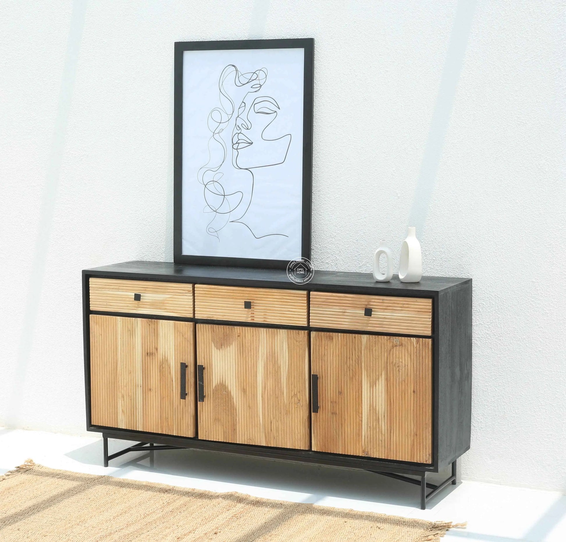 Milen Classic Sideboard – 3 Doors, Solid Acacia Wood, Black Finish | Opelhome UAE