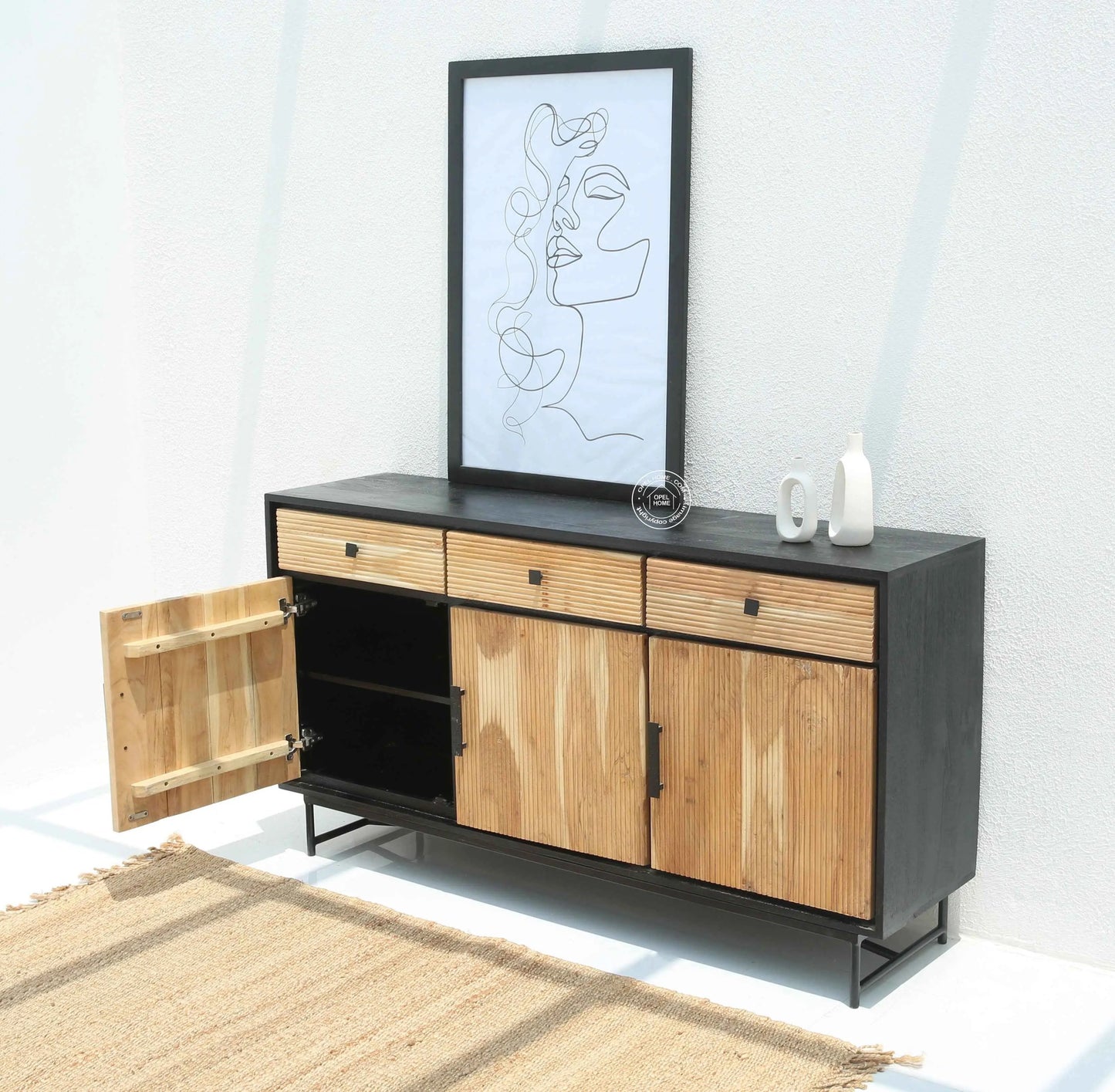 Milen Classic Sideboard – 3 Doors, Solid Acacia Wood, Black Finish | Opelhome UAE