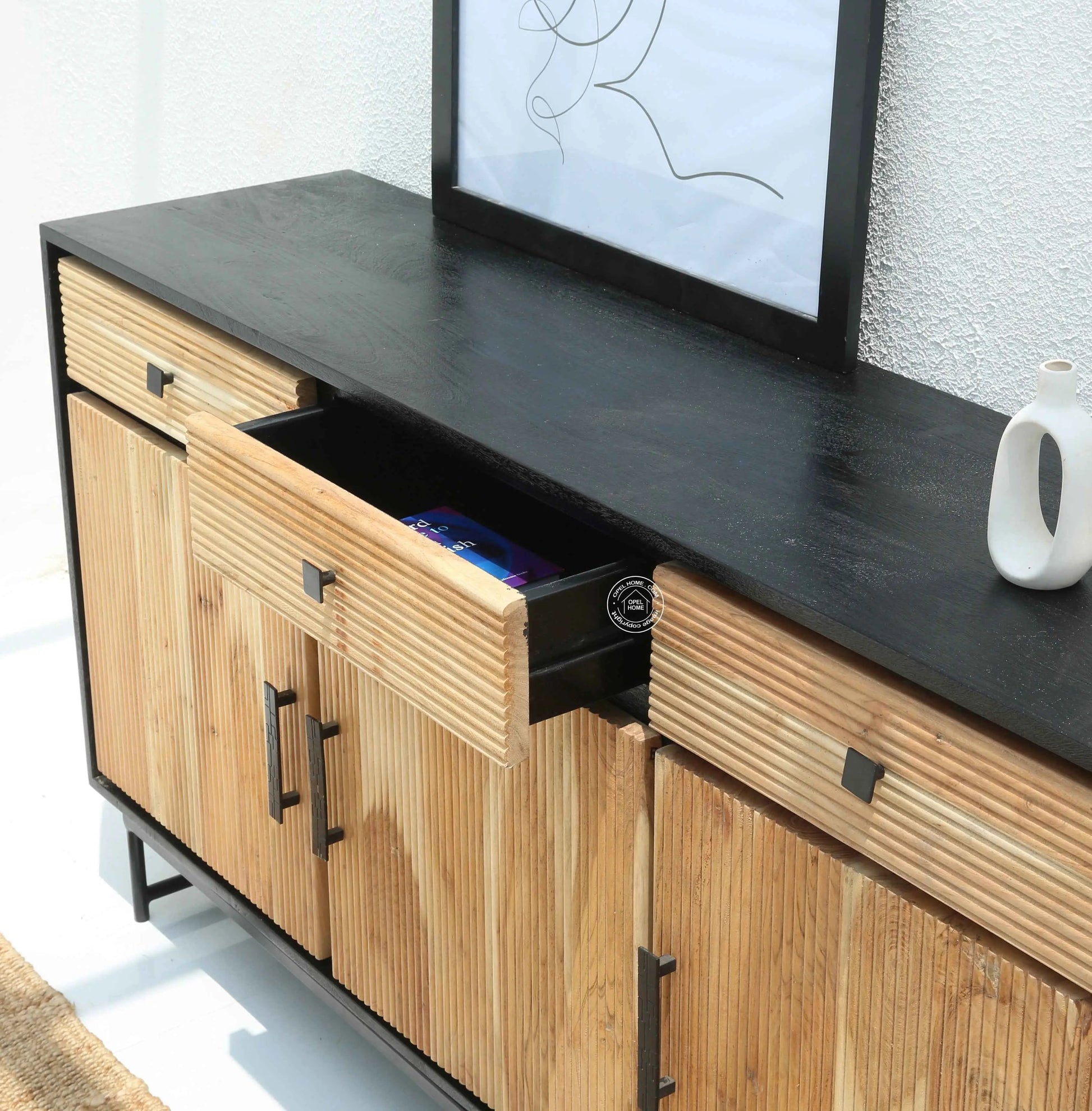 Milen Classic Sideboard – 3 Doors, Solid Acacia Wood, Black Finish | Opelhome UAE