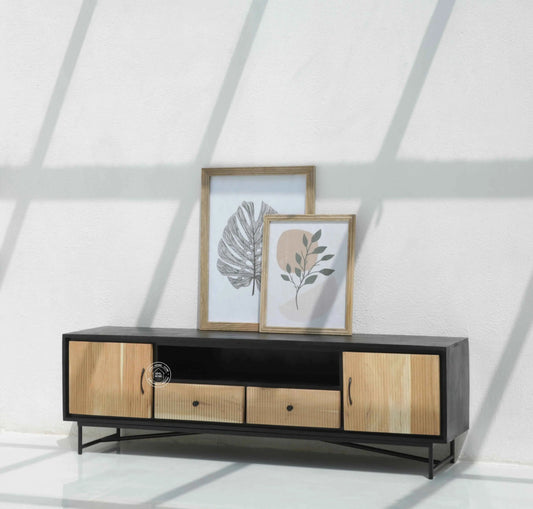Milen Wooden Slat TV Unit – Two Doors, Two Drawers, Solid Mango & Acacia Wood | Opelhome UAE