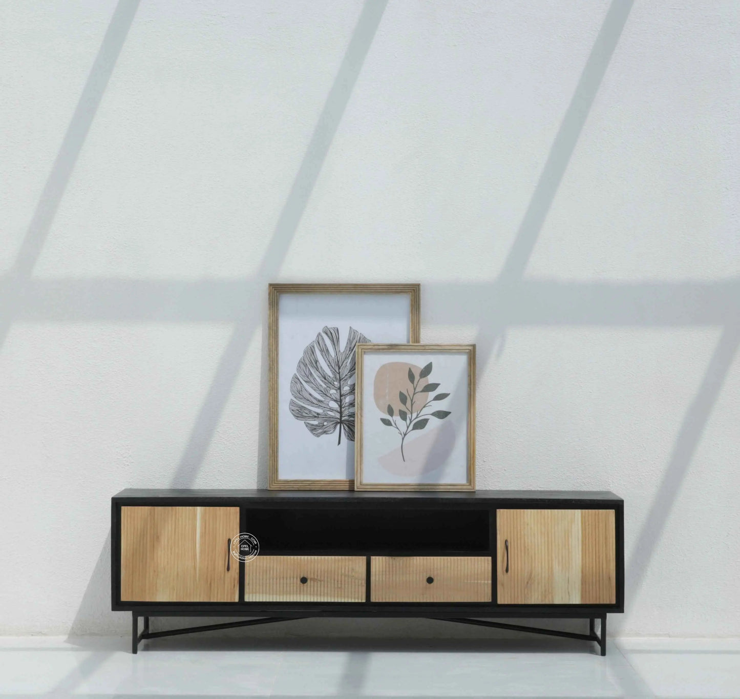 Milen Wooden Slat TV Unit – Two Doors, Two Drawers, Solid Mango & Acacia Wood | Opelhome UAE