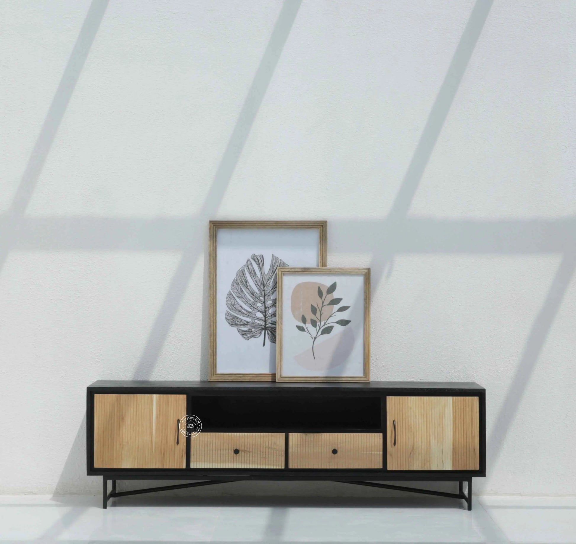 Milen Wooden Slat TV Unit – Two Doors, Two Drawers, Solid Mango & Acacia Wood | Opelhome UAE