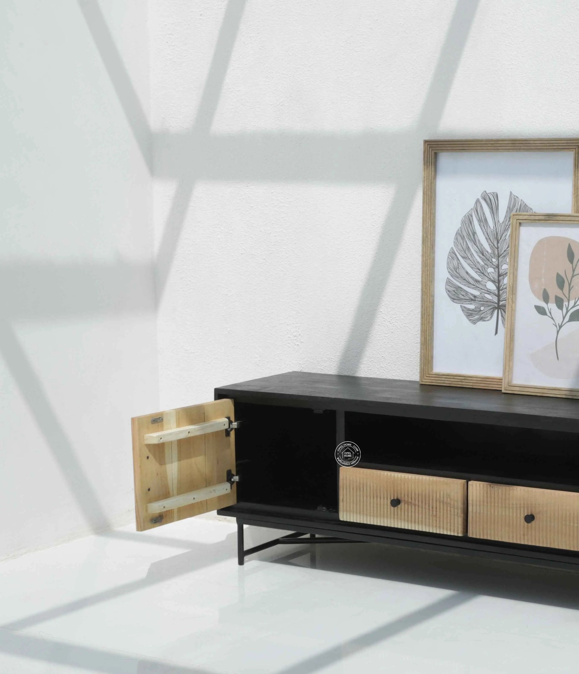 Milen Wooden Slat TV Unit – Two Doors, Two Drawers, Solid Mango & Acacia Wood | Opelhome UAE