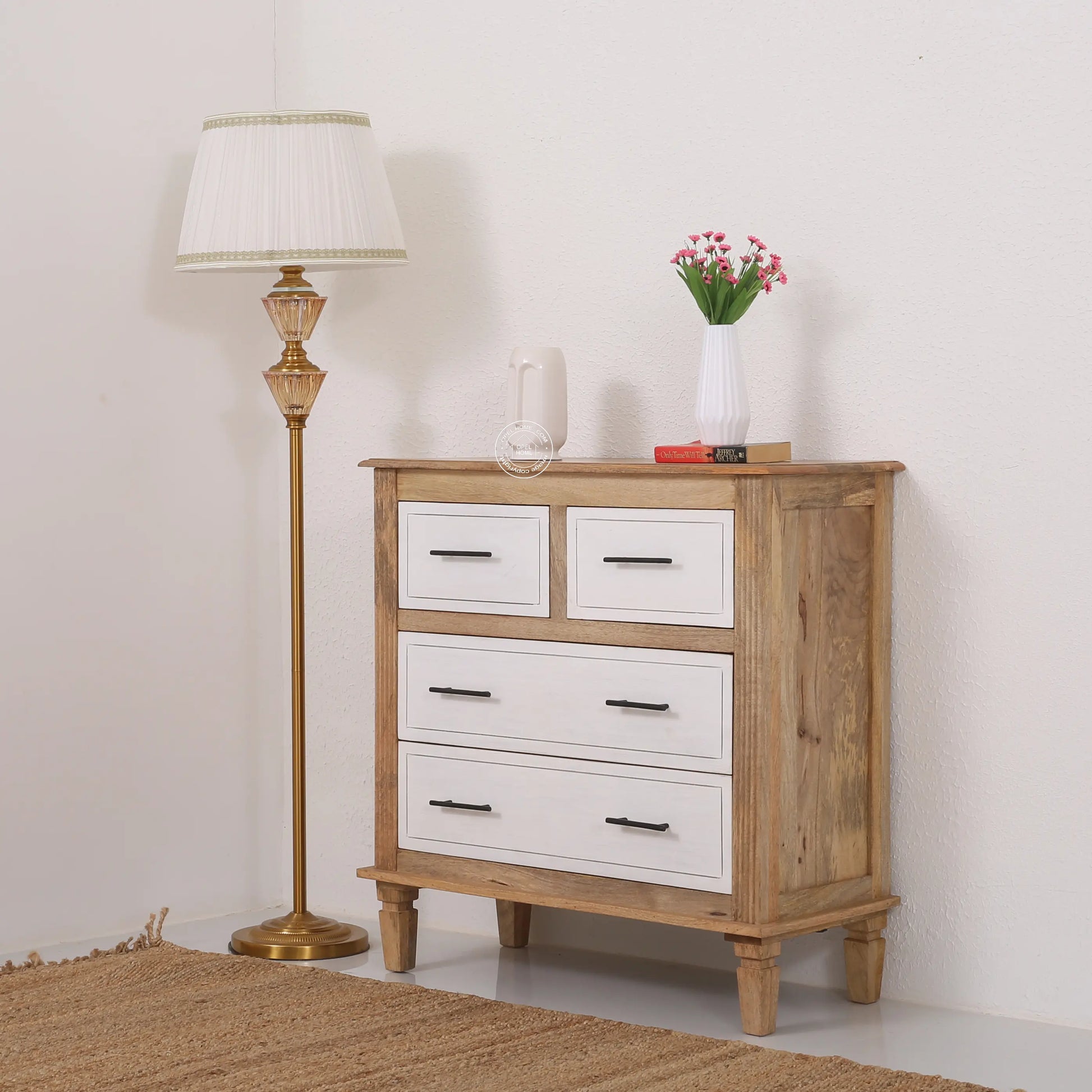 Miller Wooden Chest of Drawers – 4 Drawers, Solid Mango Wood, Natural + White Finish | Opelhome UAE - Opelhome