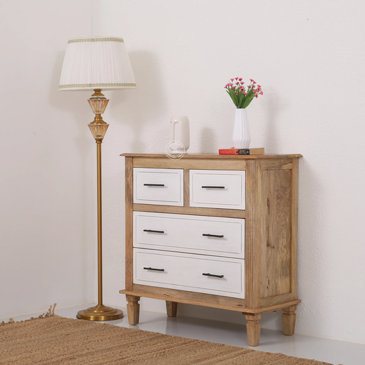 Miller Wooden Chest of Drawers – 4 Drawers, Solid Mango Wood, Natural + White Finish | Opelhome UAE - Opelhome