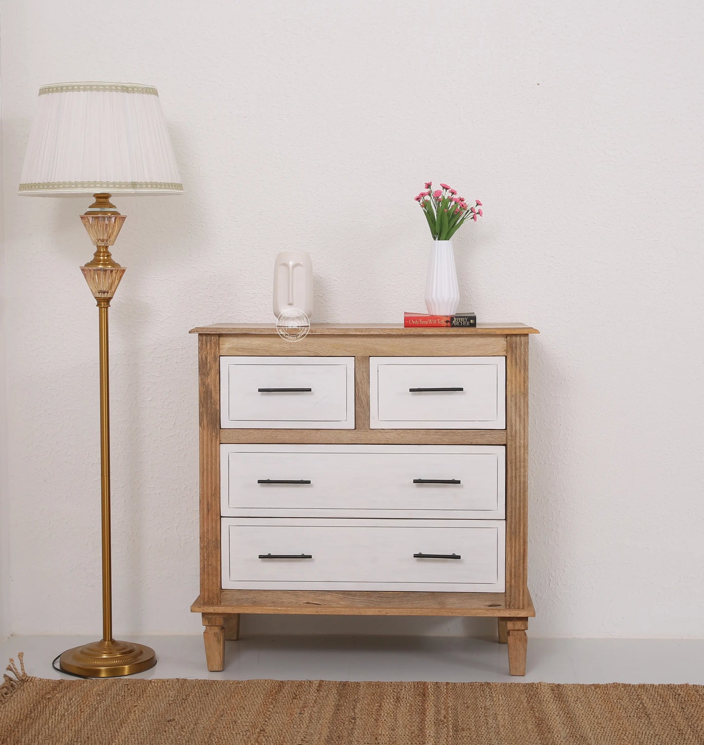 Miller Wooden Chest of Drawers – 4 Drawers, Solid Mango Wood, Natural + White Finish | Opelhome UAE - Opelhome