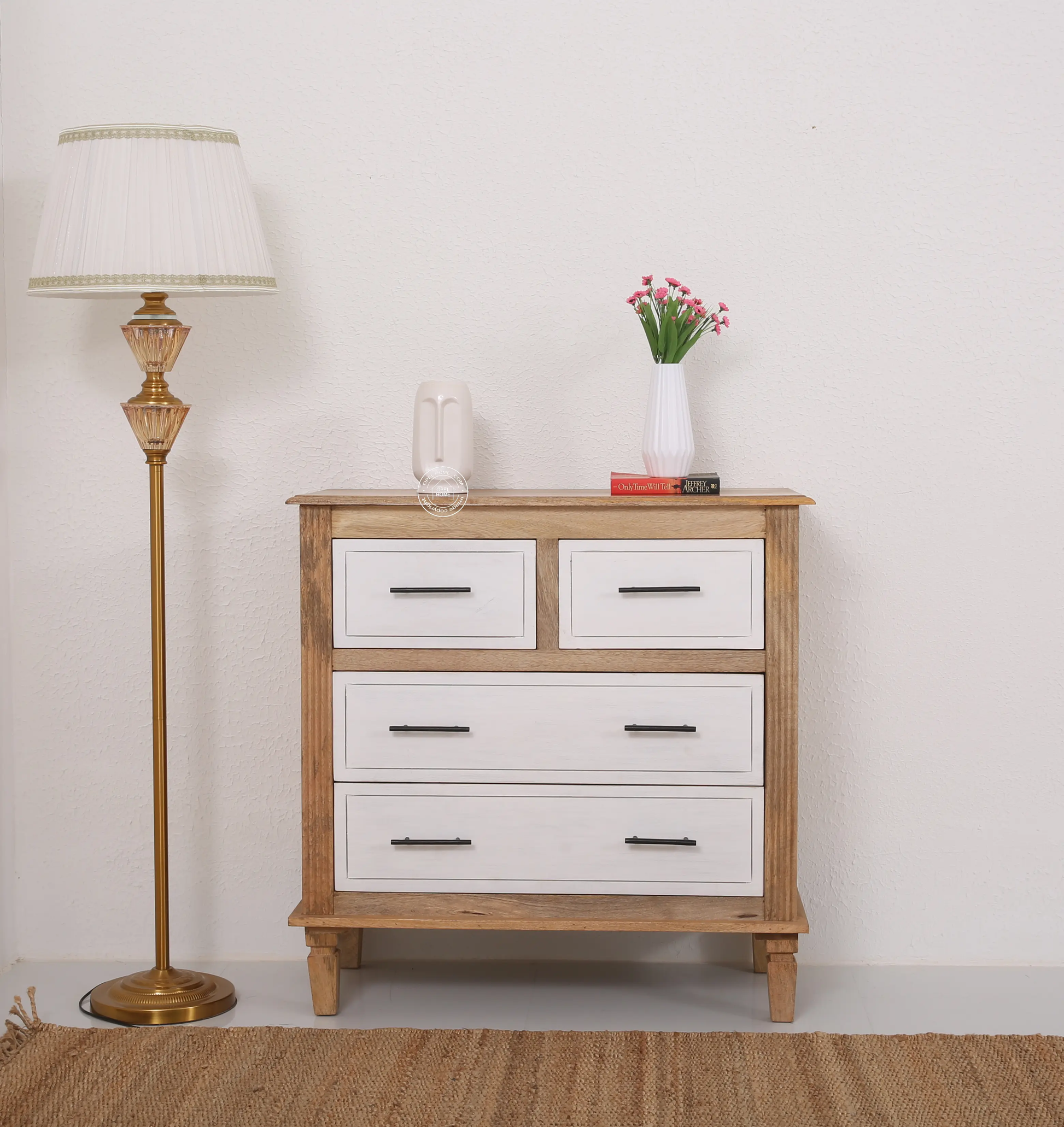 Miller Wooden Chest of Drawers – 4 Drawers, Solid Mango Wood, Natural + White Finish | Opelhome UAE - Opelhome