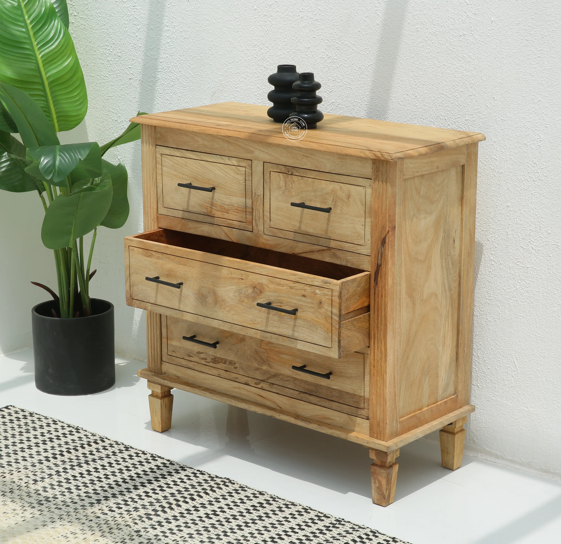 Miller Wooden Chest of Drawers – 4 Drawers, Solid Mango Wood, Sand Blasting Finish | Opelhome UAE - Opelhome