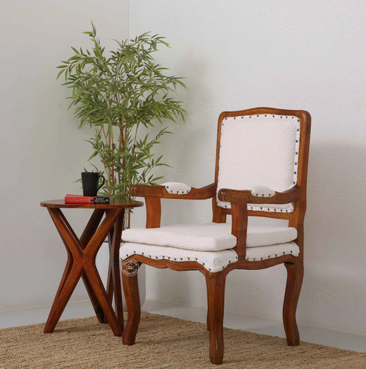 Mira Wooden Arm Chair – Solid Rosewood, Honey Finish, Bronze & White Boucle | Opelhome UAE