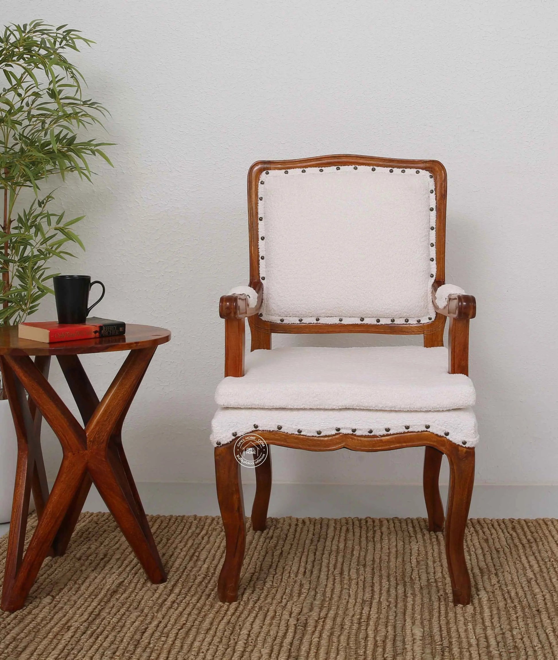 Mira Wooden Arm Chair – Solid Rosewood, Honey Finish, Bronze & White Boucle | Opelhome UAE